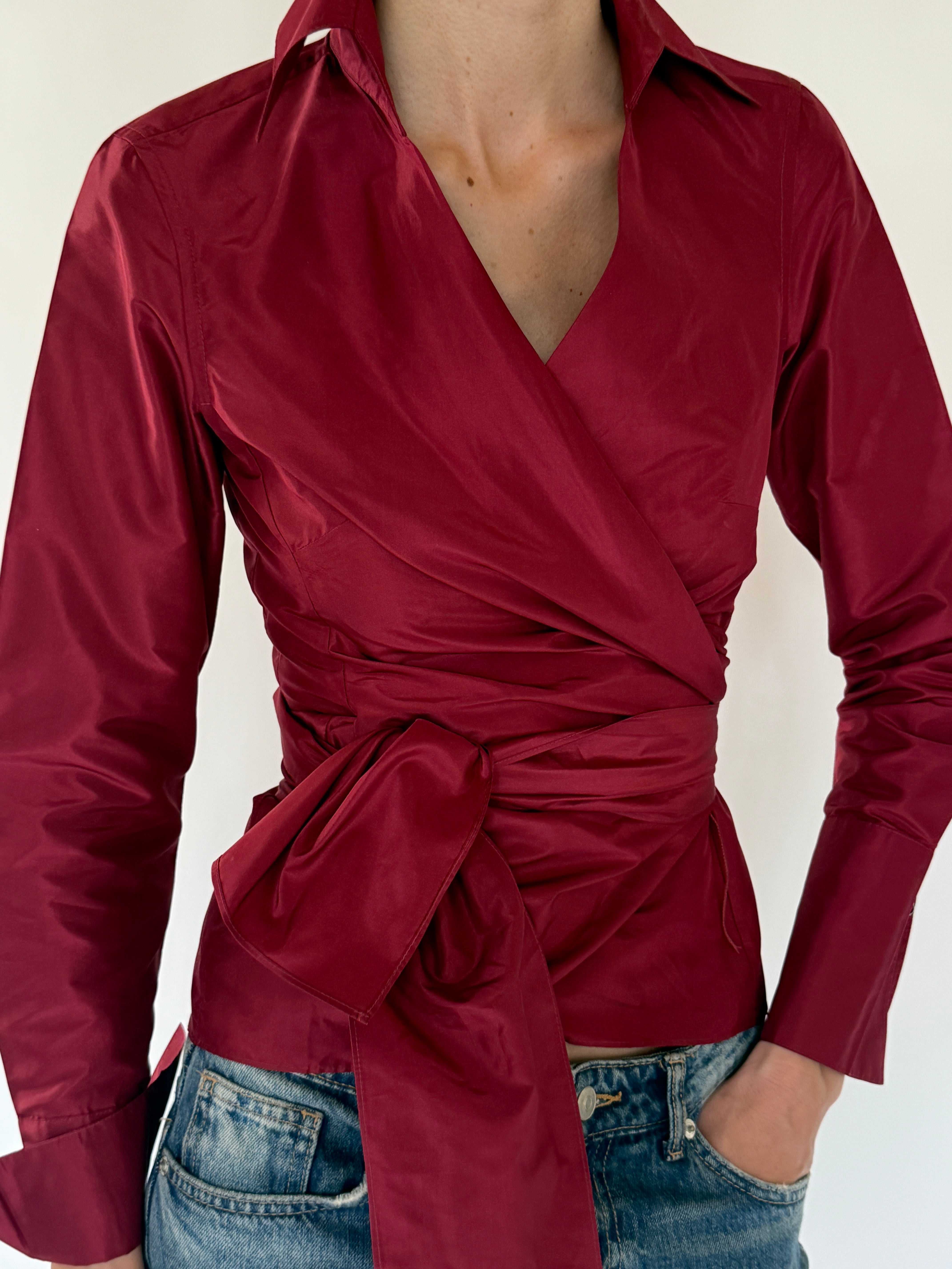 Vintage burgundy wrap tie blouse front view