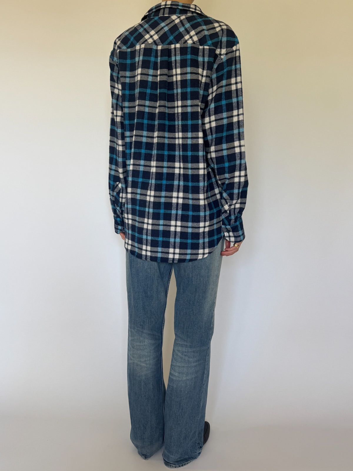 Vintage plaid flannel shirt navy blue cream back view