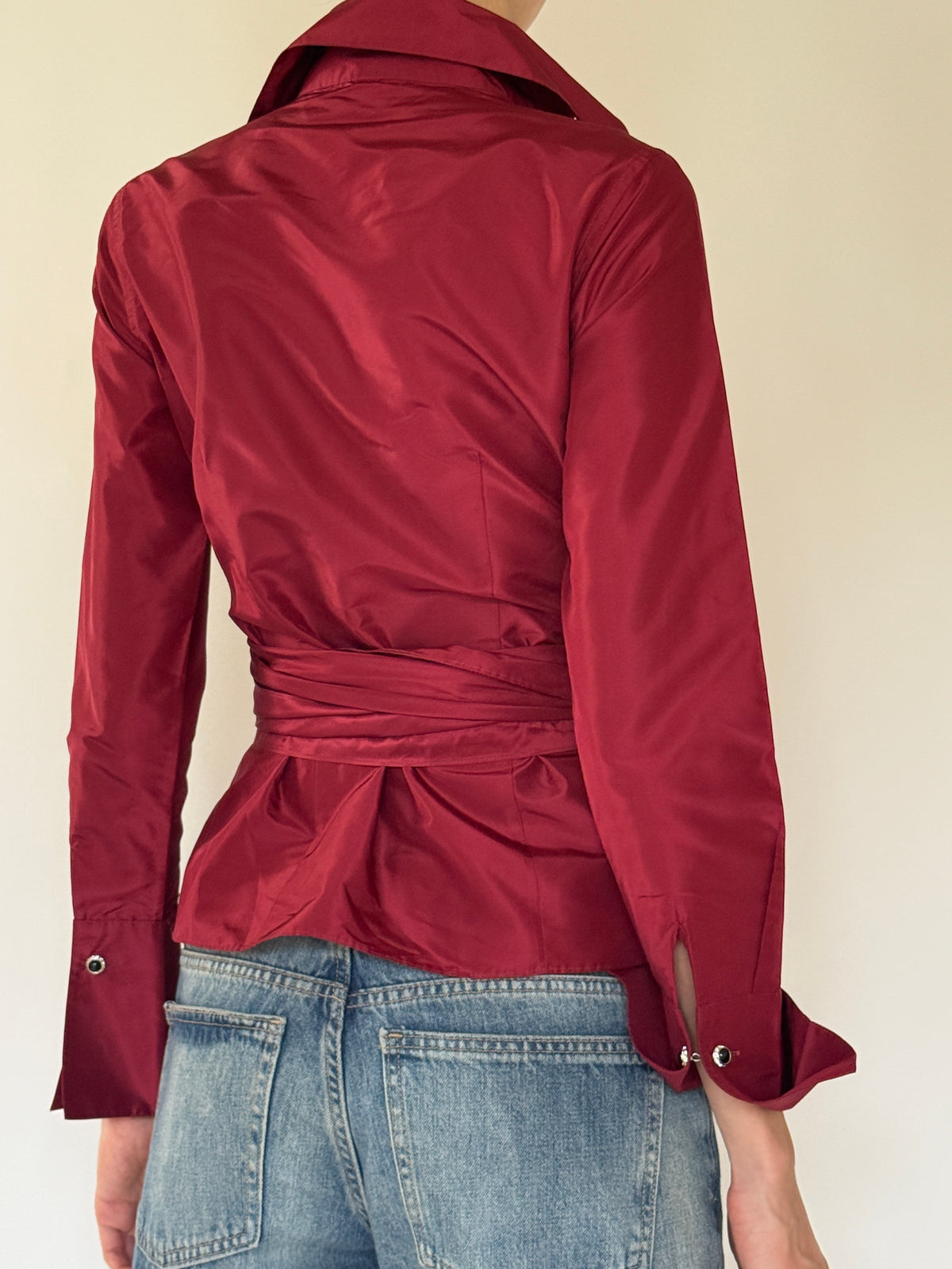 Vintage burgundy wrap tie blouse back view