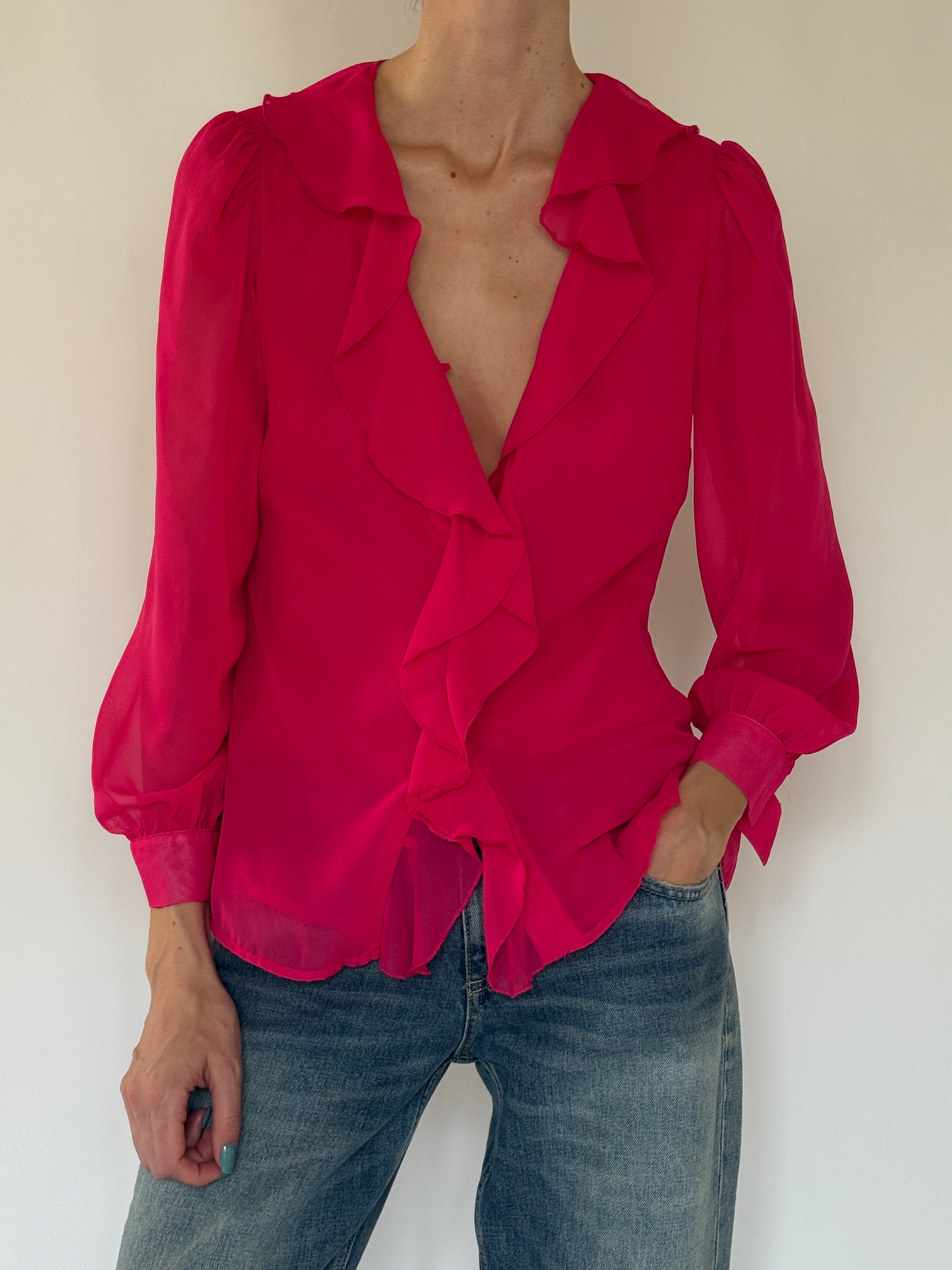 Vintage sheer fuchsia ruffle blouse front view