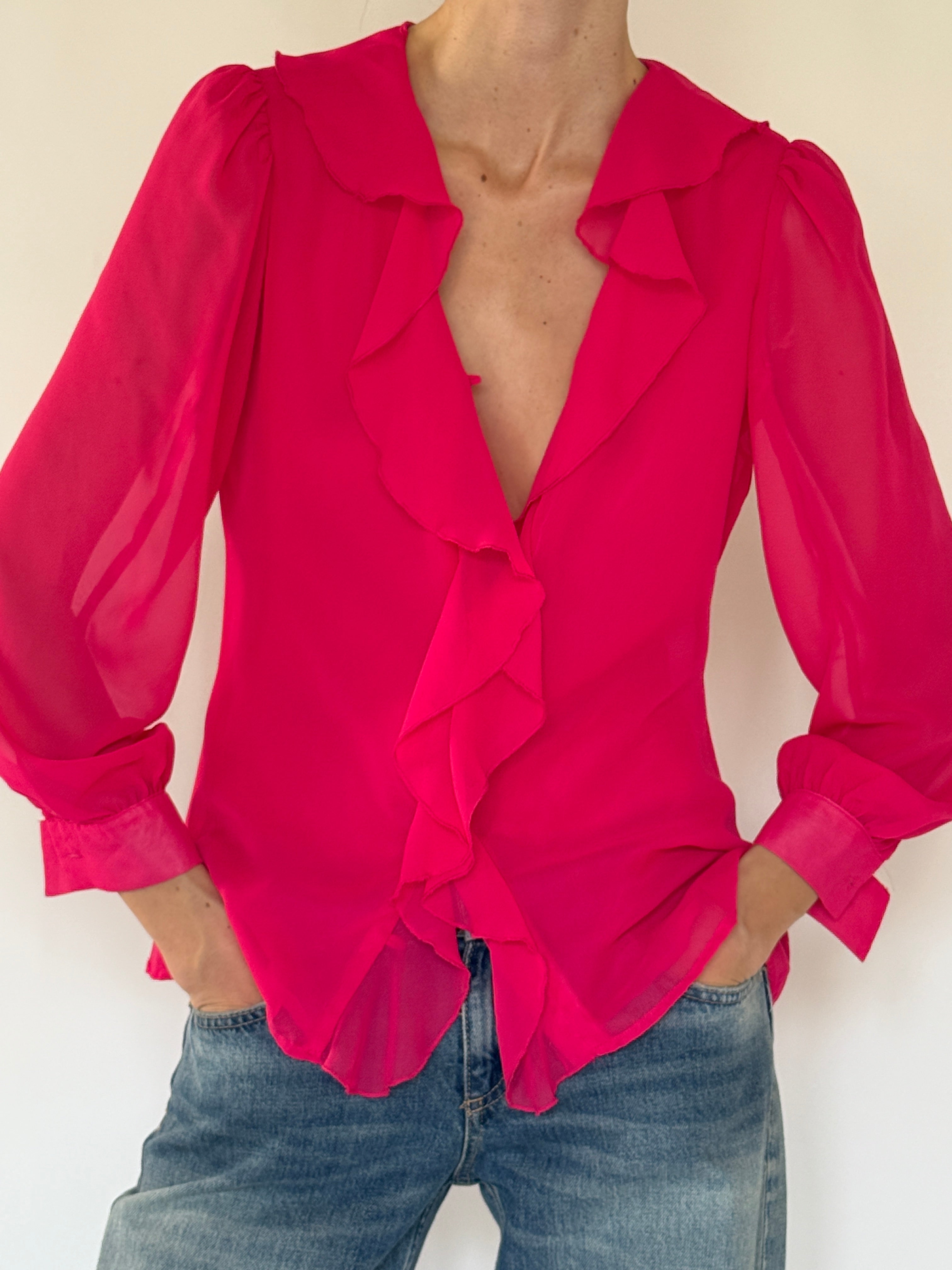Vintage sheer fuchsia ruffle blouse front view
