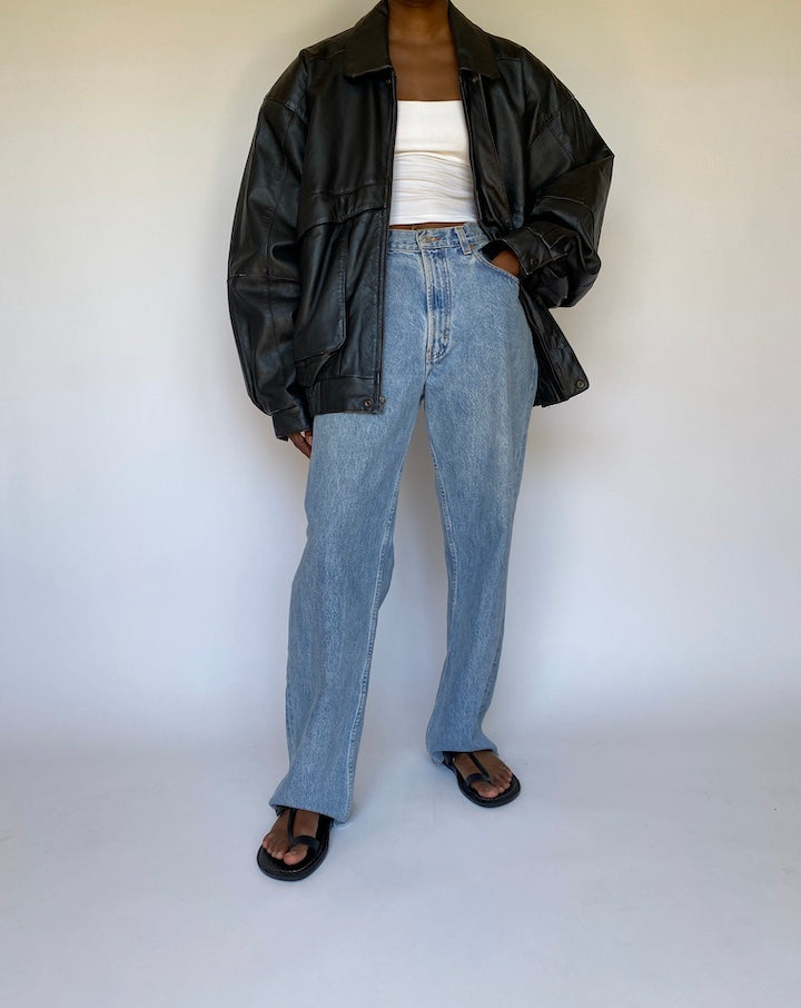 VINTAGE OVERSIZED BOXY BLACK LEATHER JACKET 3681