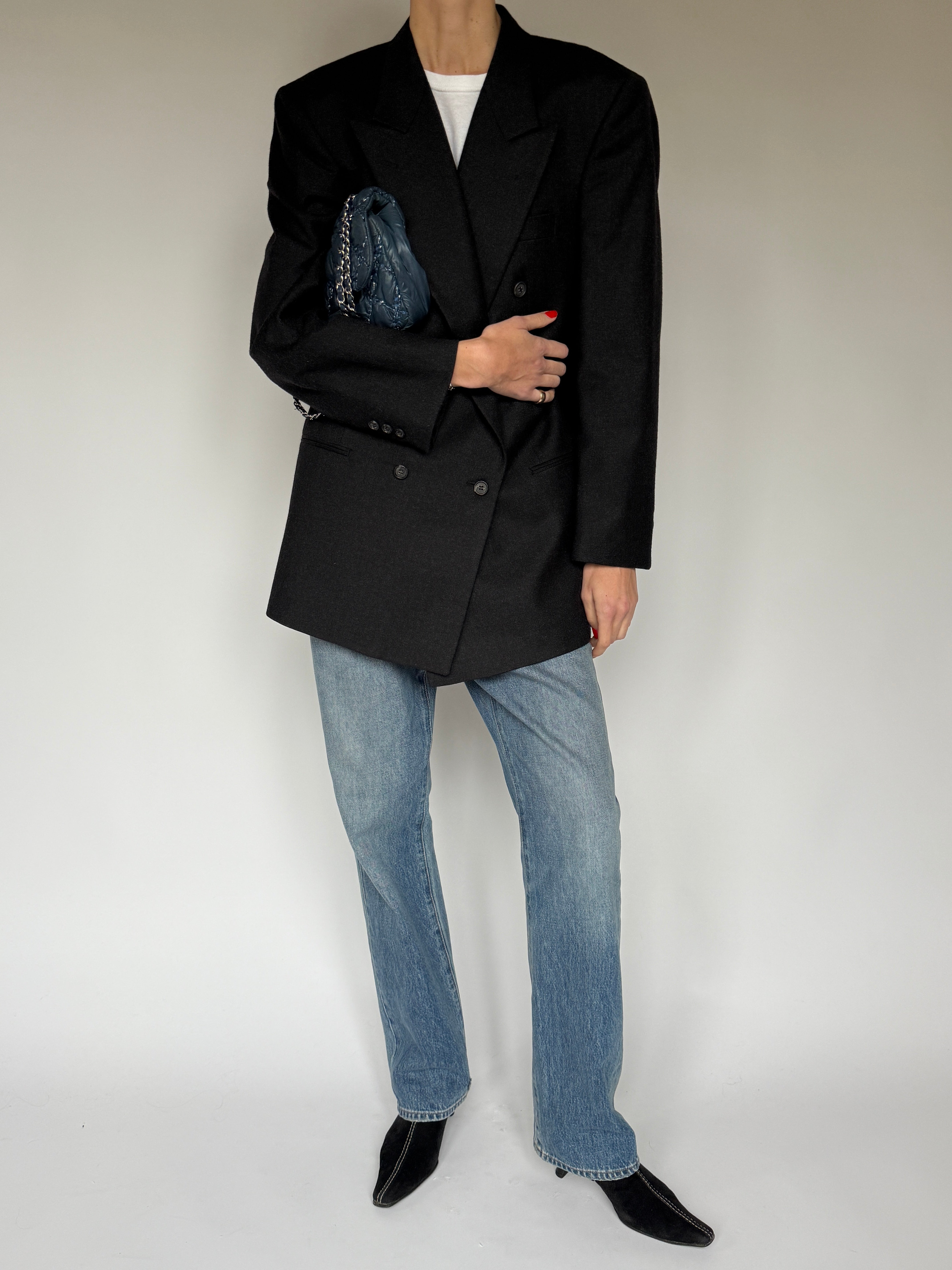 Vintage Double-Breasted Pure Wool Blazer Dark Grey 6413