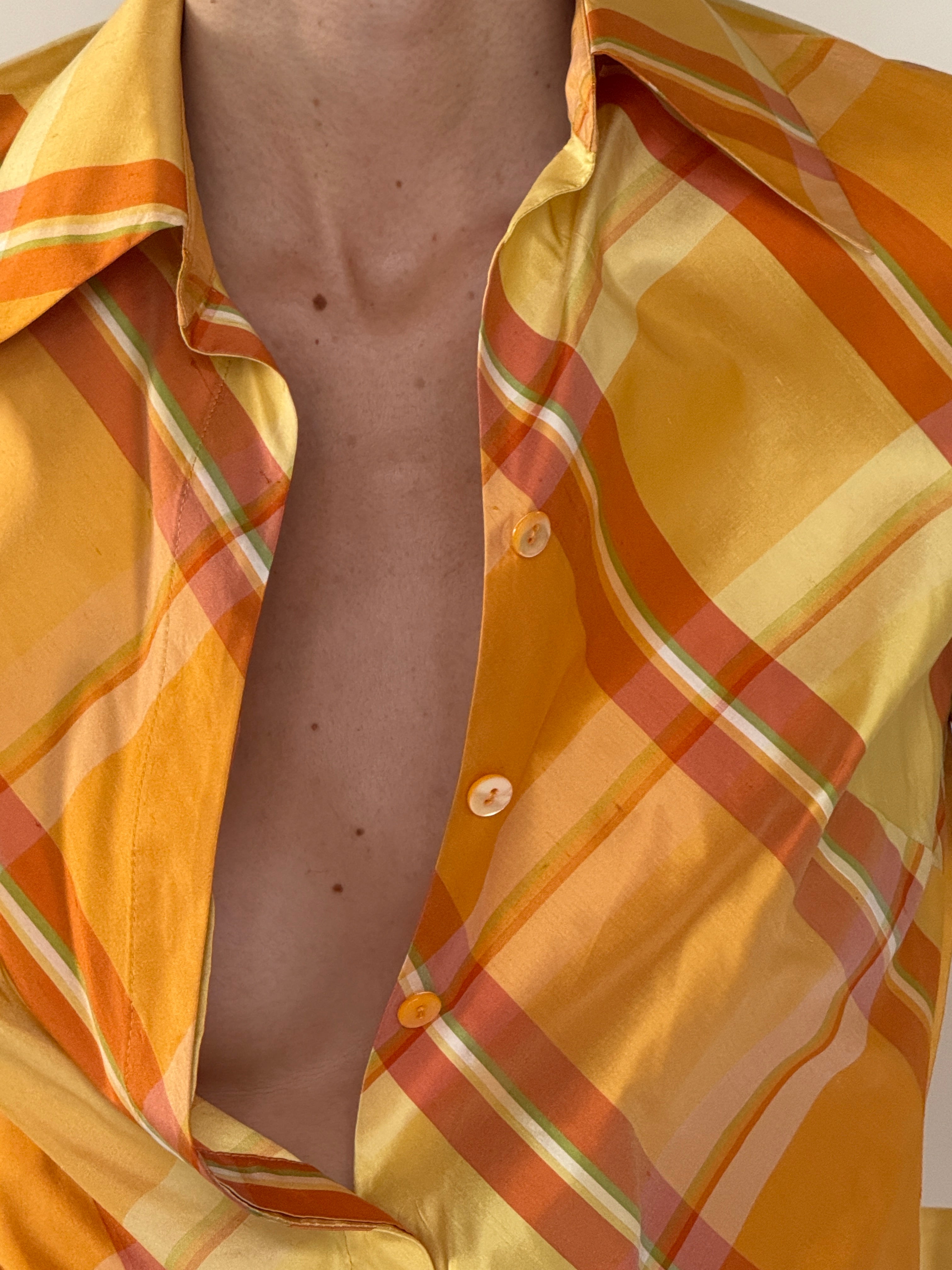 Vintage yellow plaid silk fabric close-up