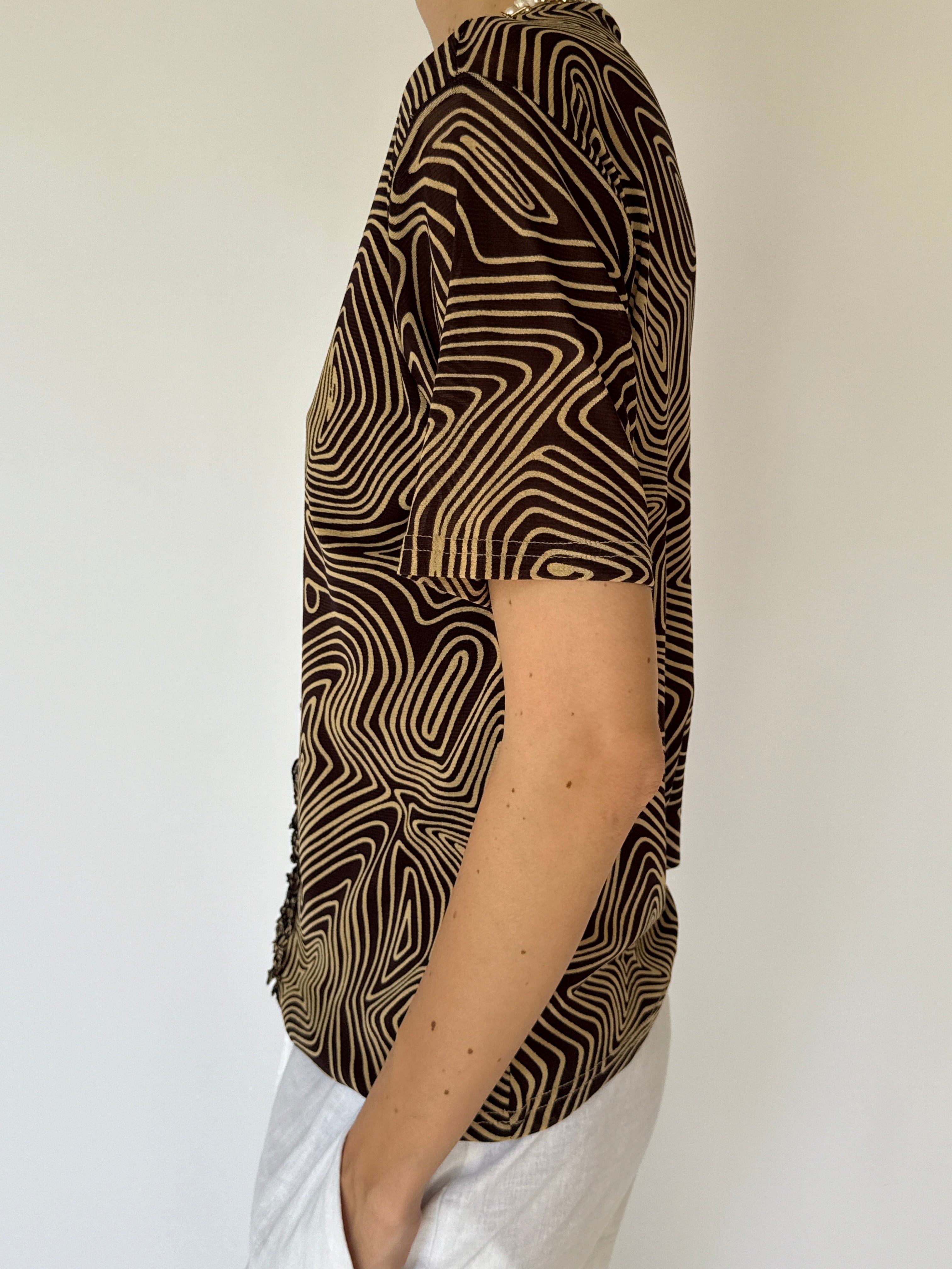 Vintage Brown Patterned Short-Sleeve Top 4078