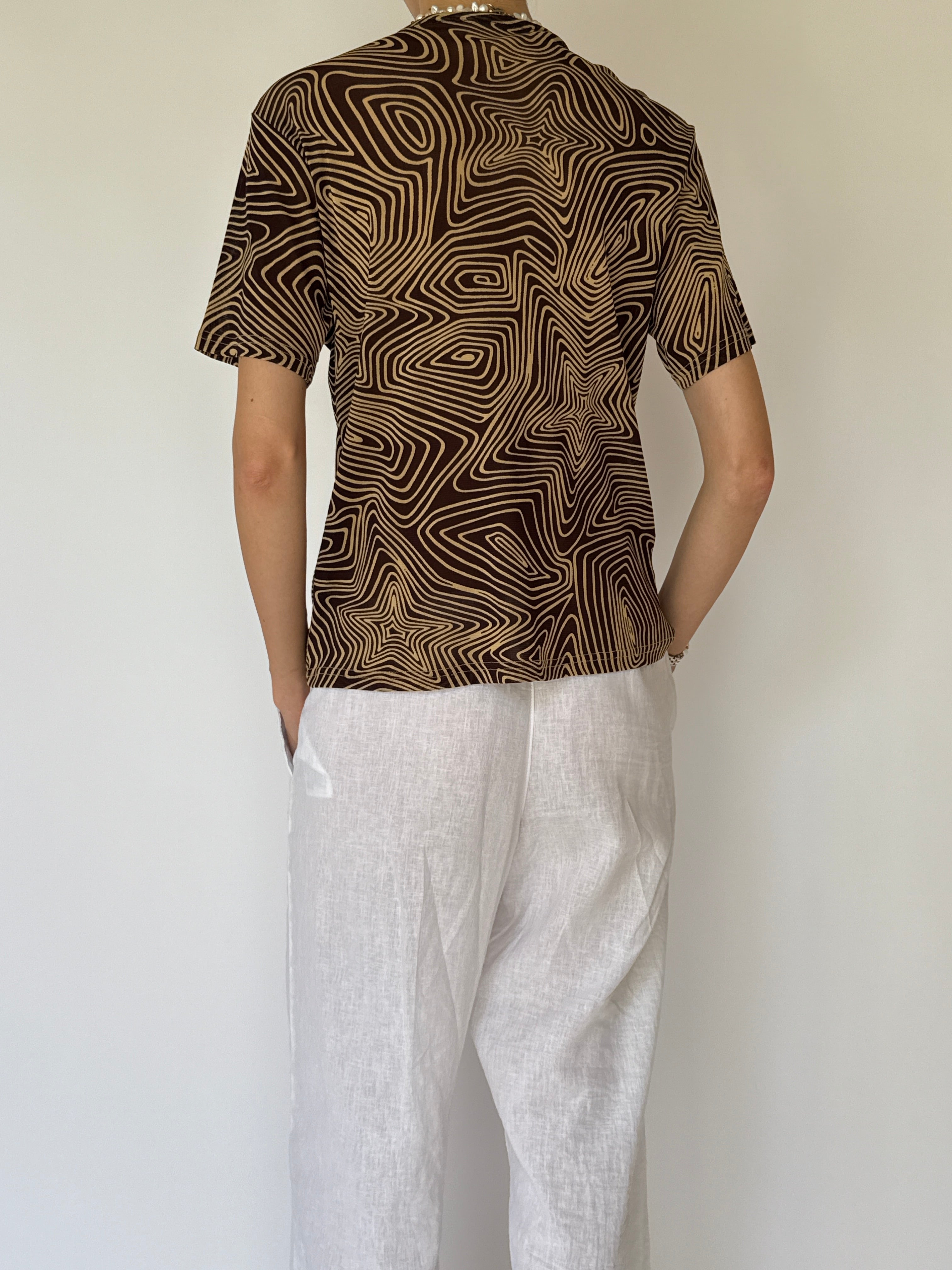 Vintage Brown Patterned Short-Sleeve Top 4078
