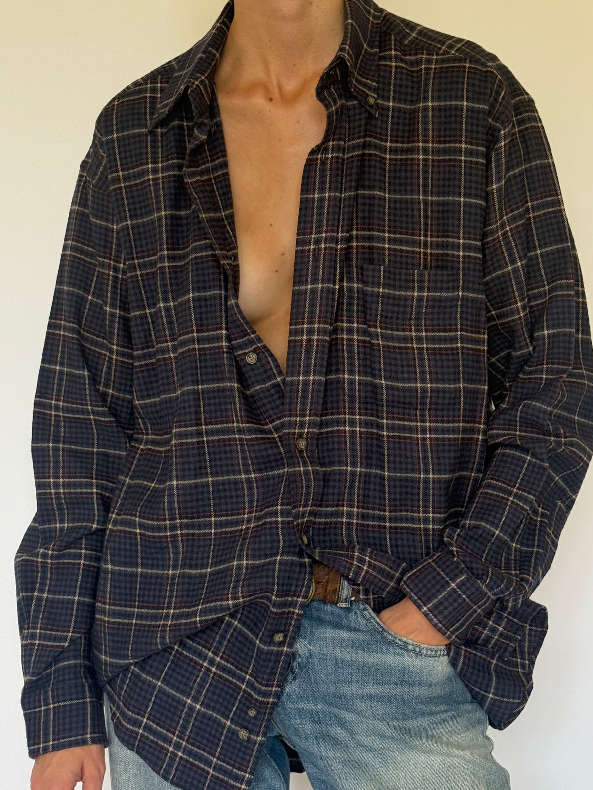 Vintage Plaid Flannel Shirt Navy 8244