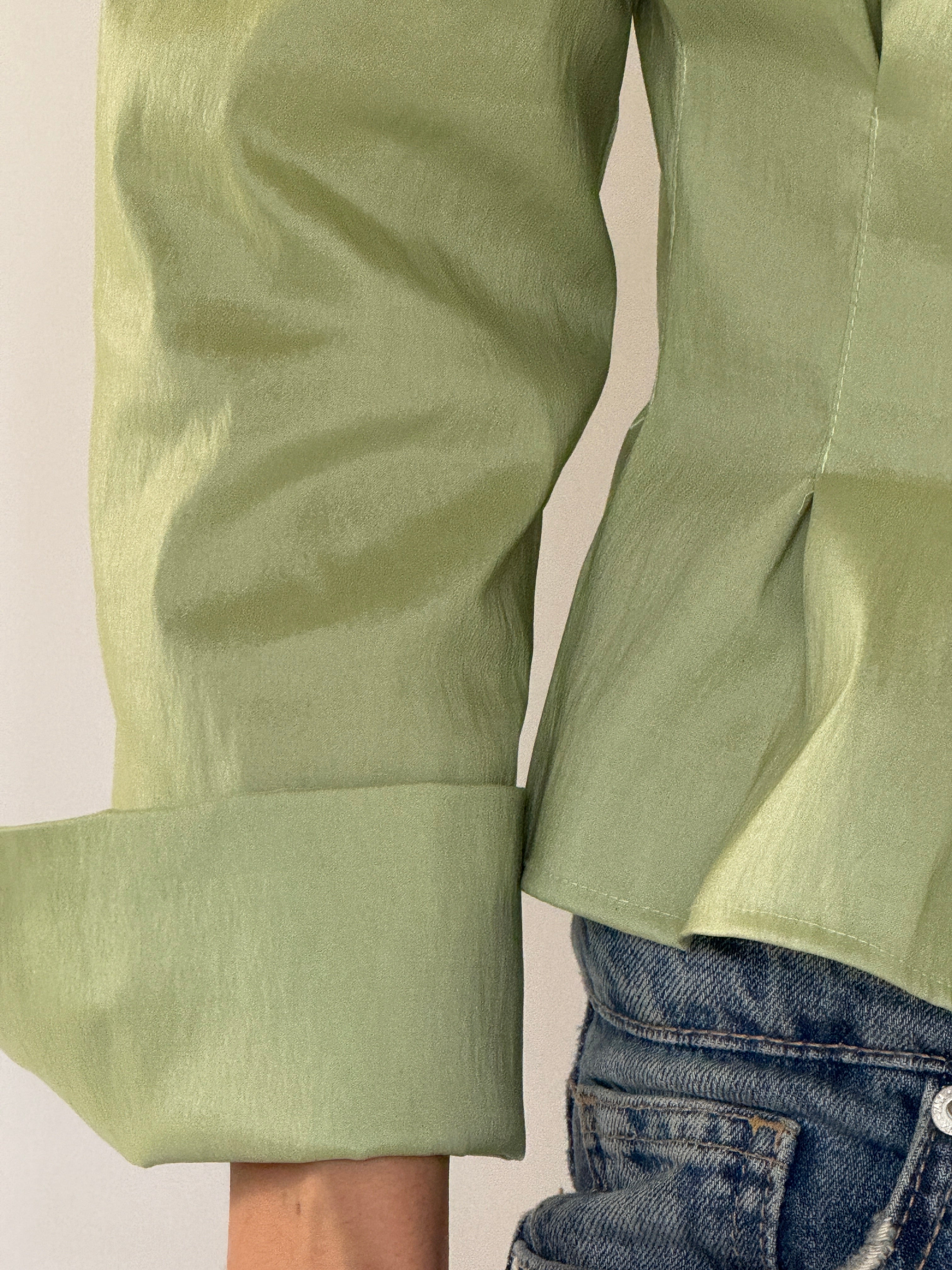 Vintage sage green satin blouse button cuff detail