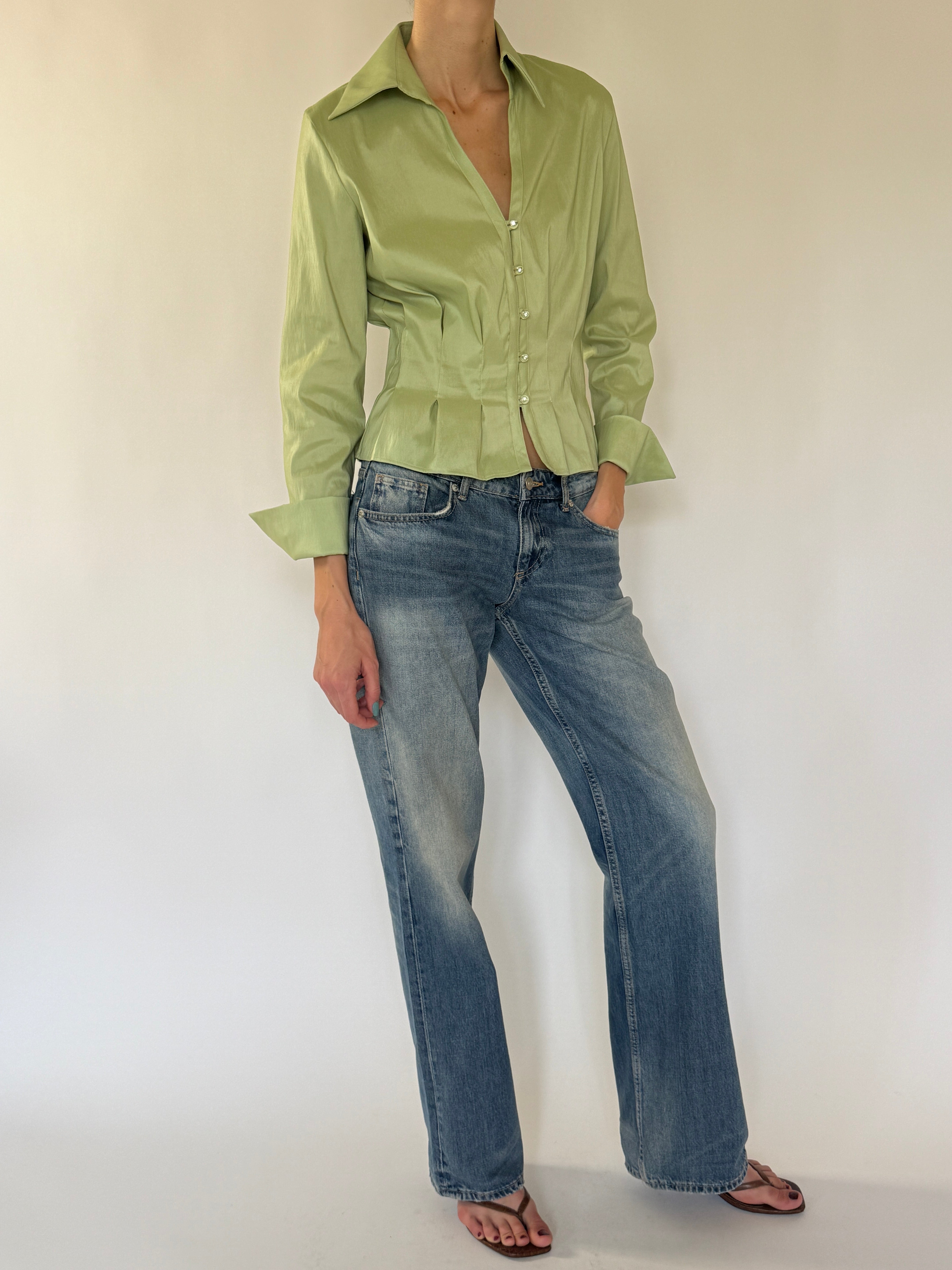 Vintage sage green fitted satin blouse full-length view