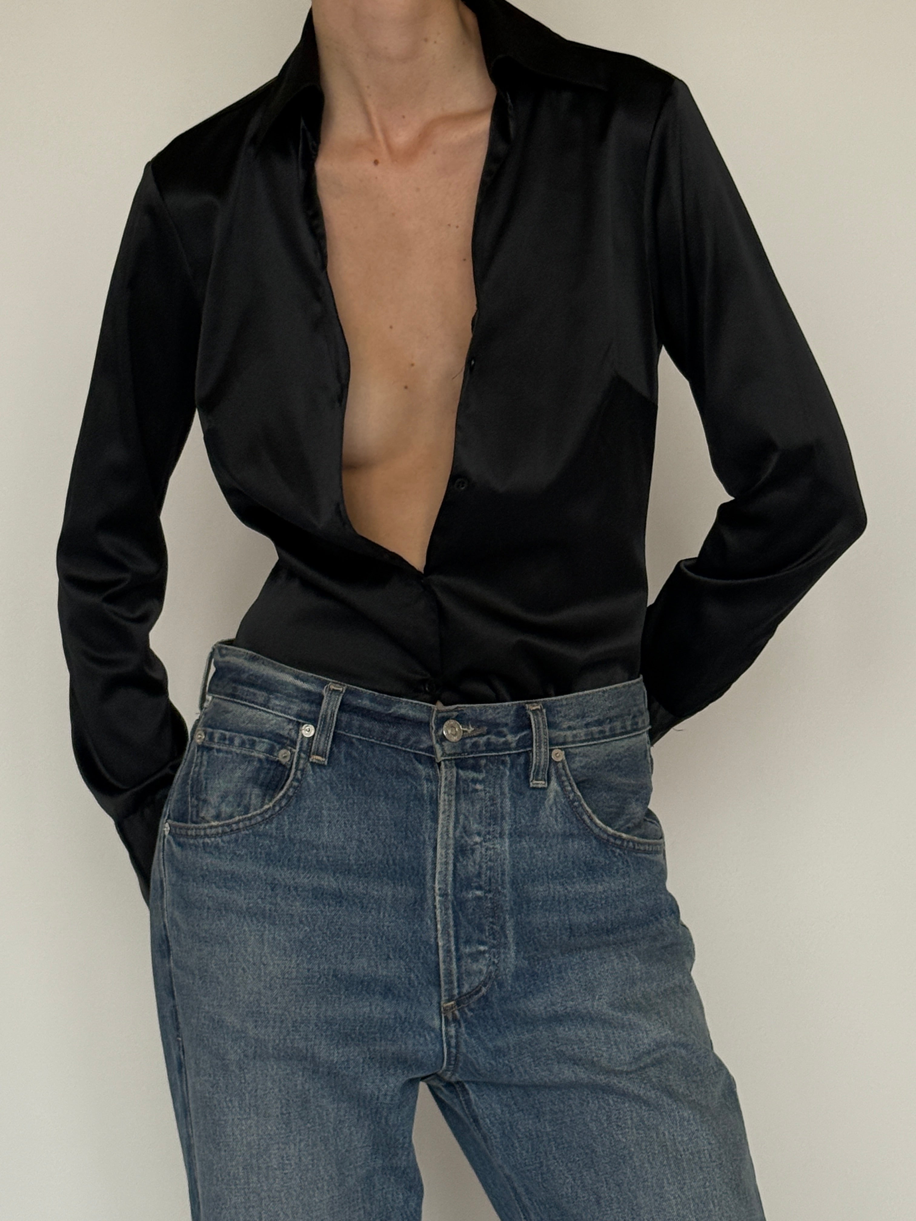 Vintage black button-up blouse front view