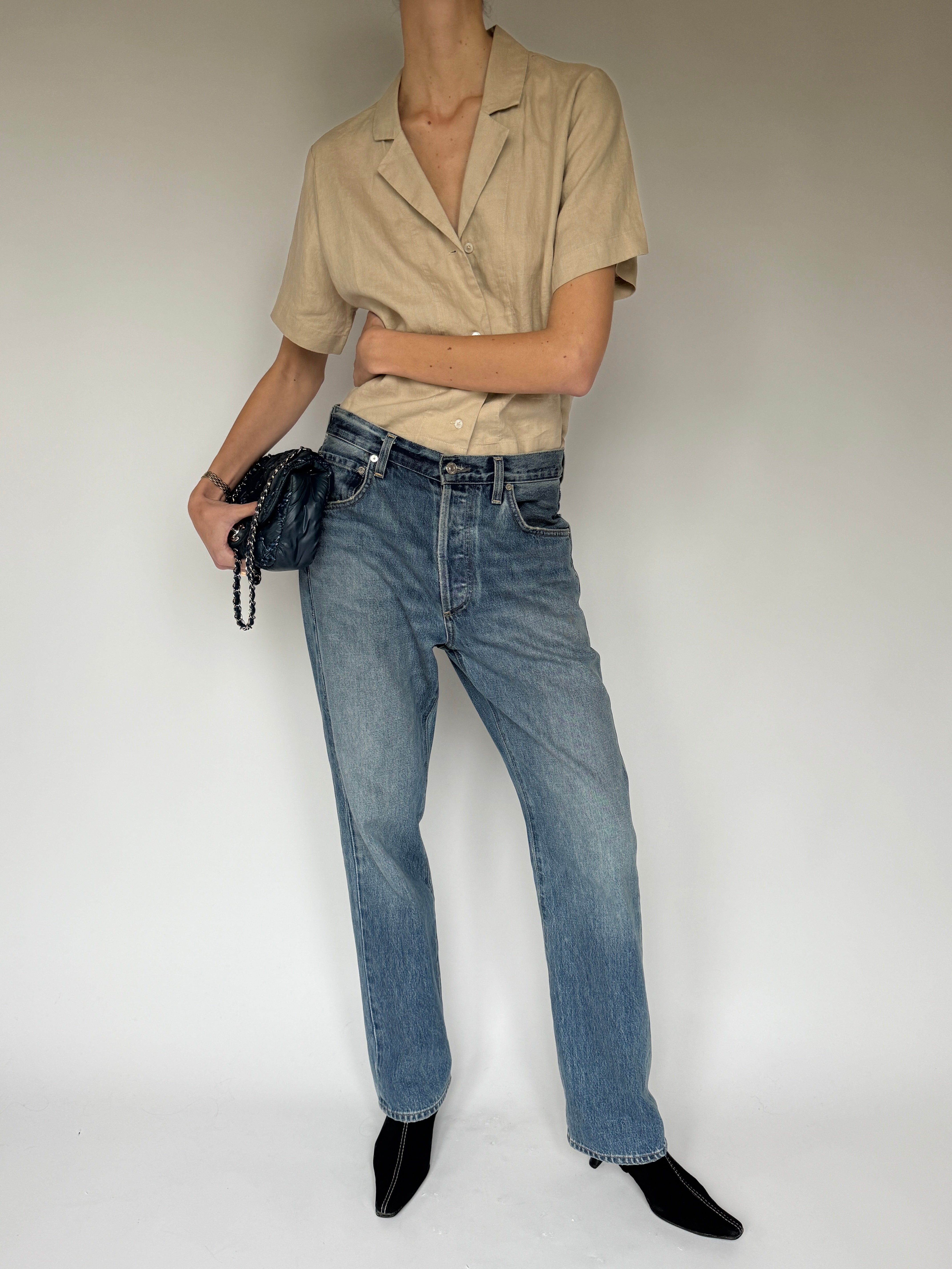 Vintage short-sleeve linen top beige 6064