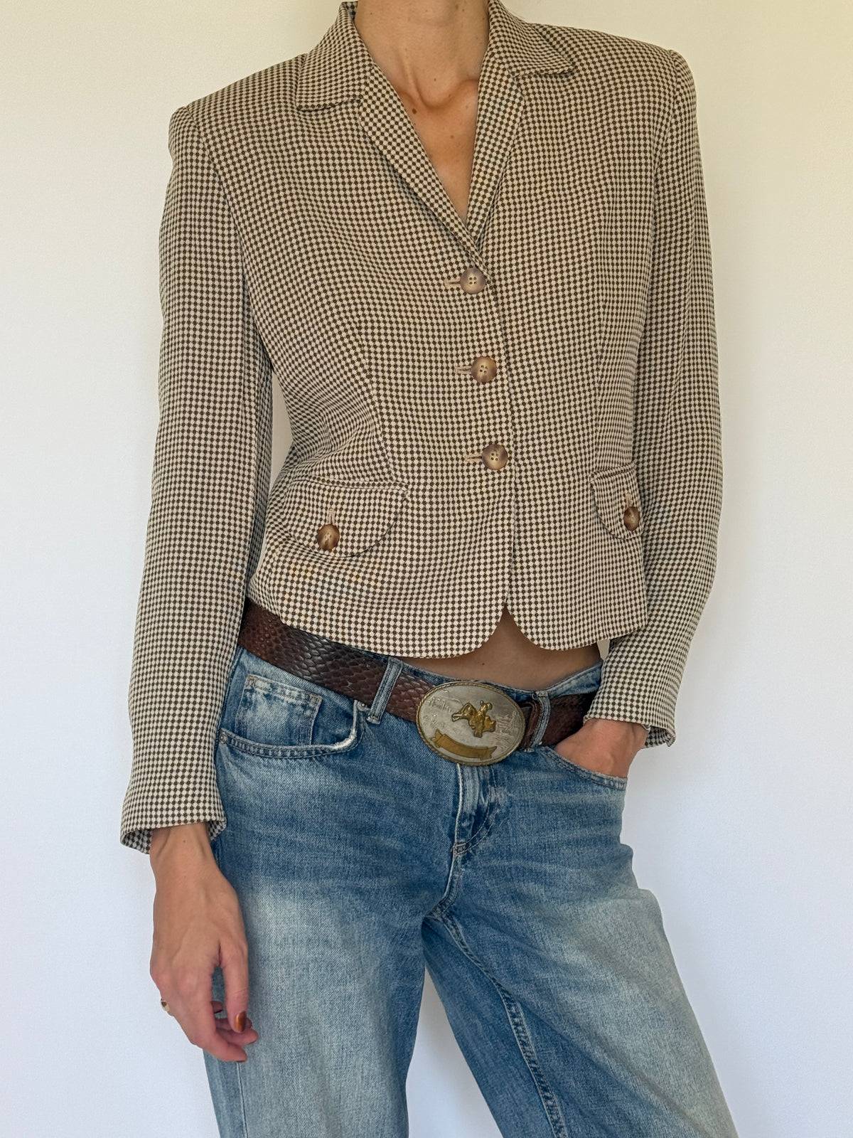Vintage Small Brown & Cream Houndstooth Blazer 8246