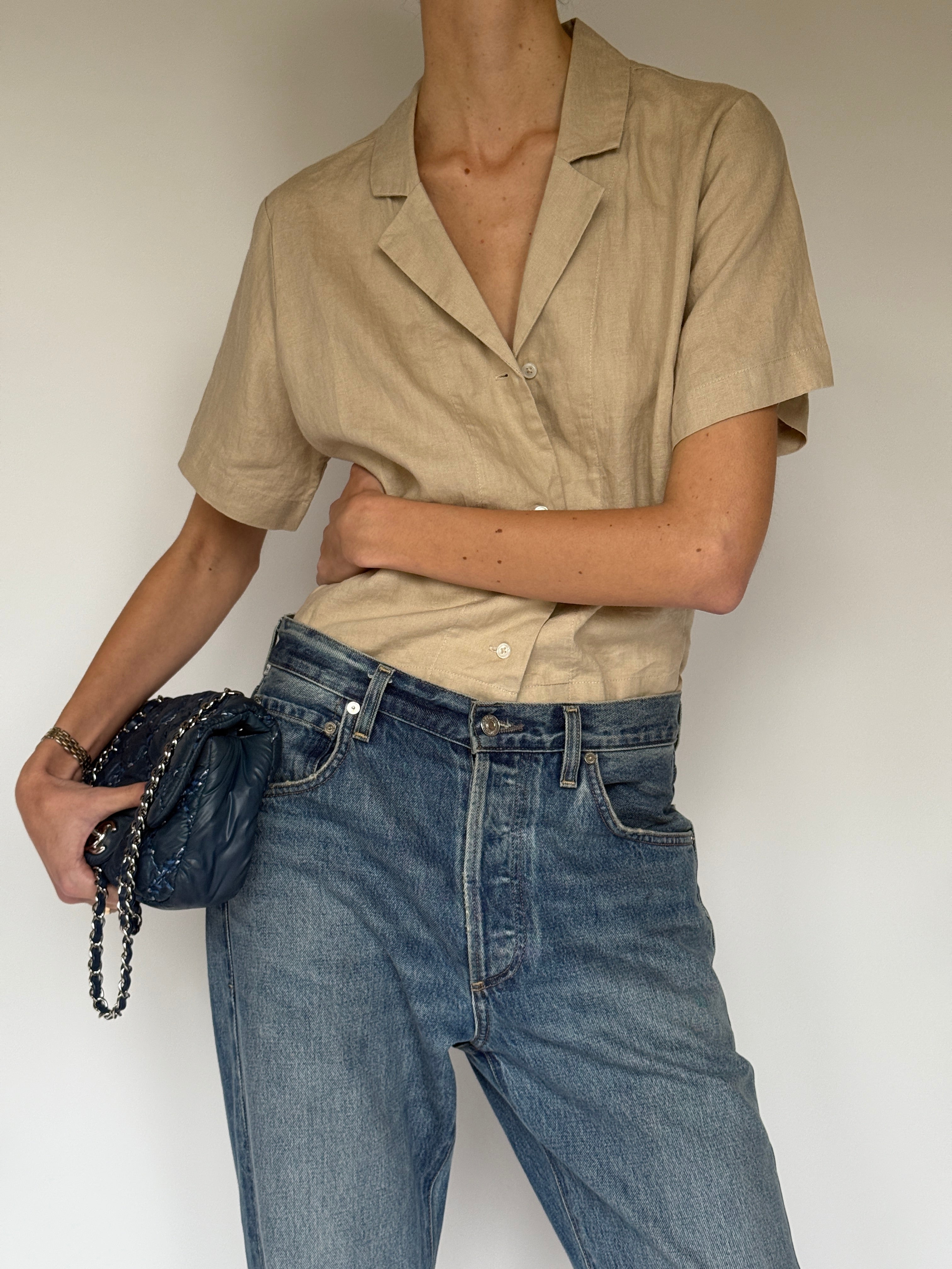 Vintage short-sleeve linen top beige 6064