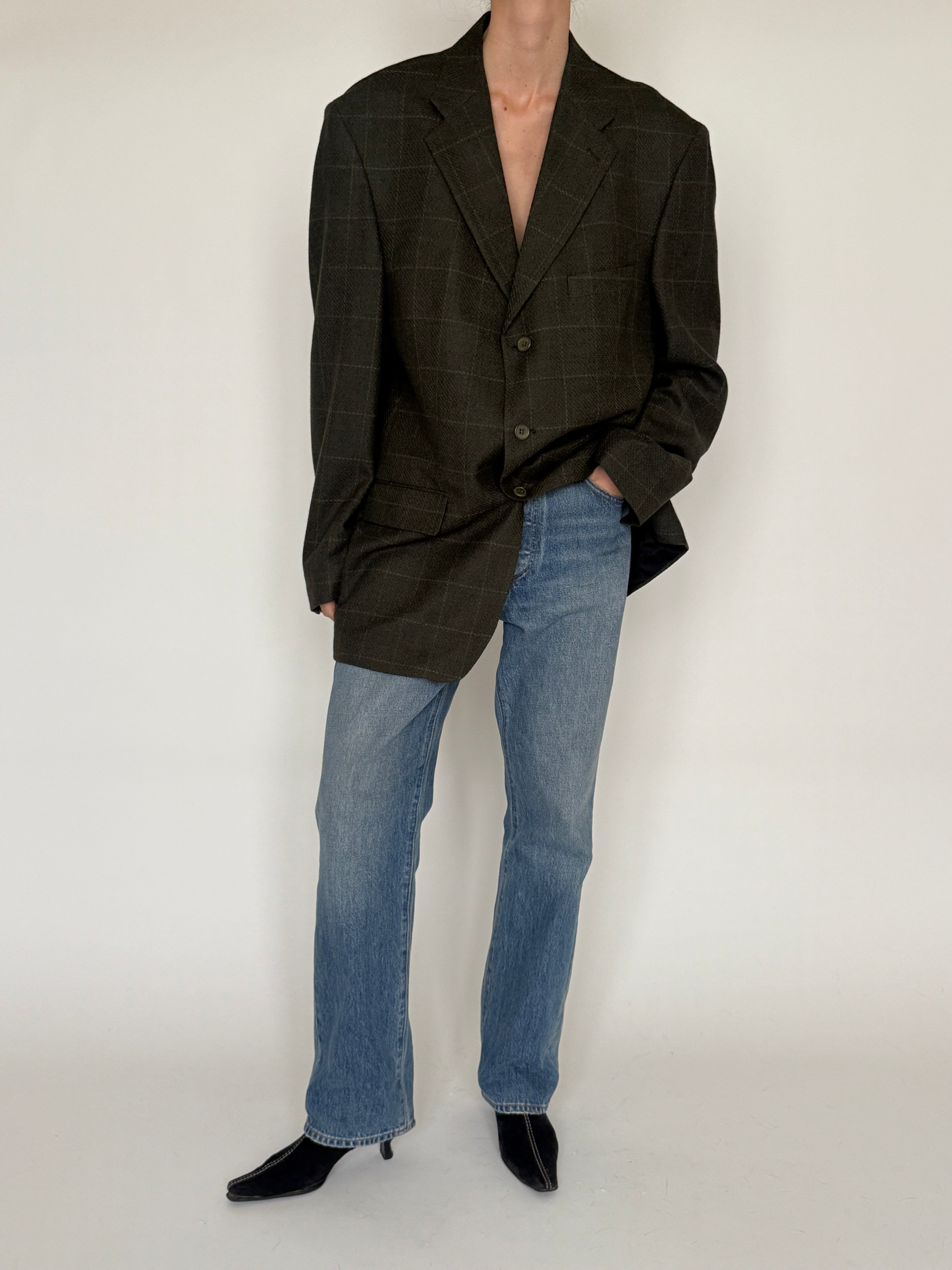 Vintage wool and cashmere blend blazer olive brown full-length view