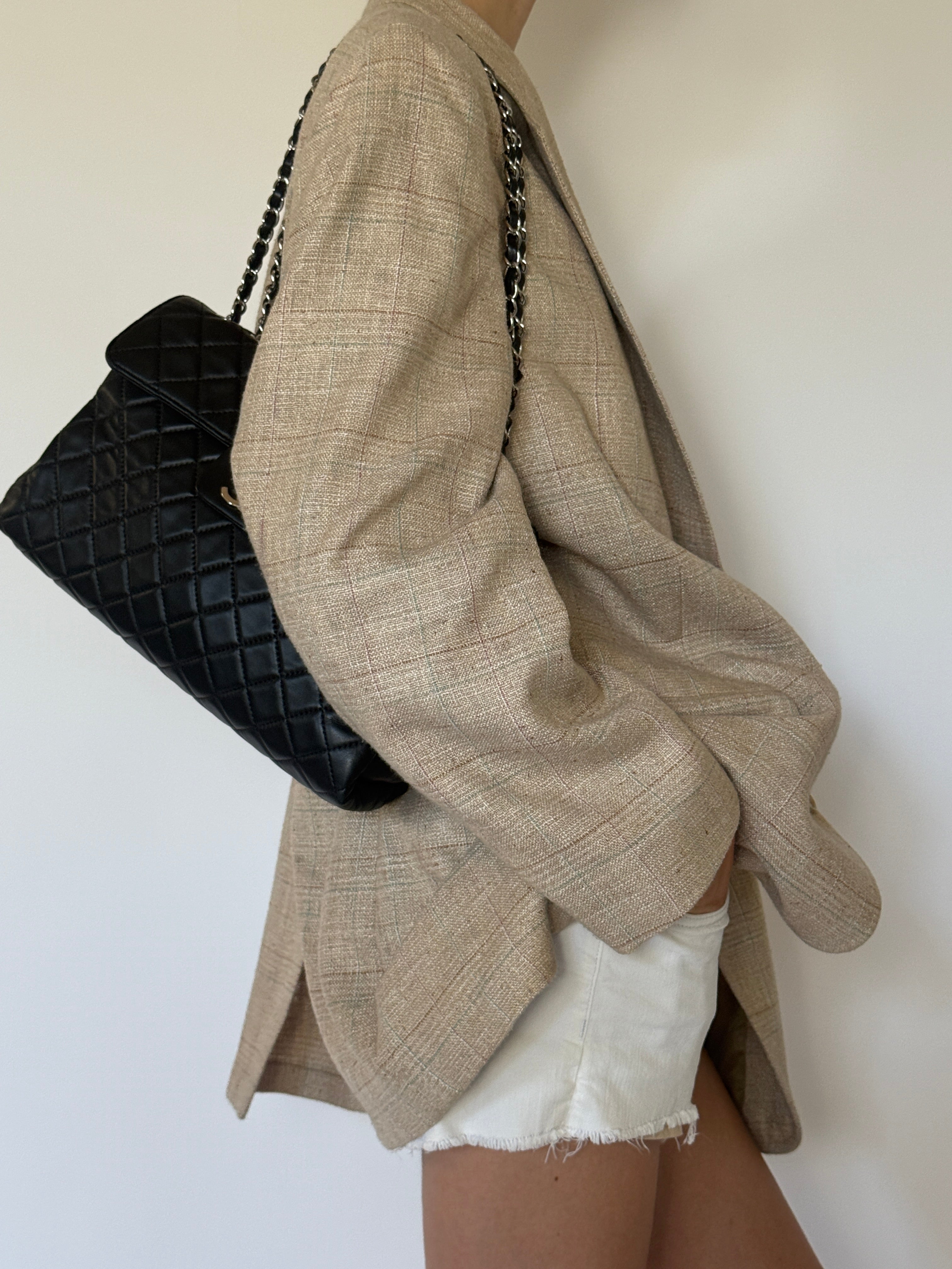 Vintage Oversized Checked Single-Breasted Blazer Beige