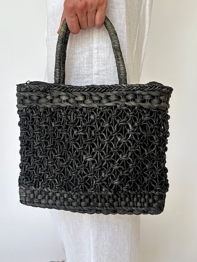 Vintage Handwoven Raffia Tote black 5933
