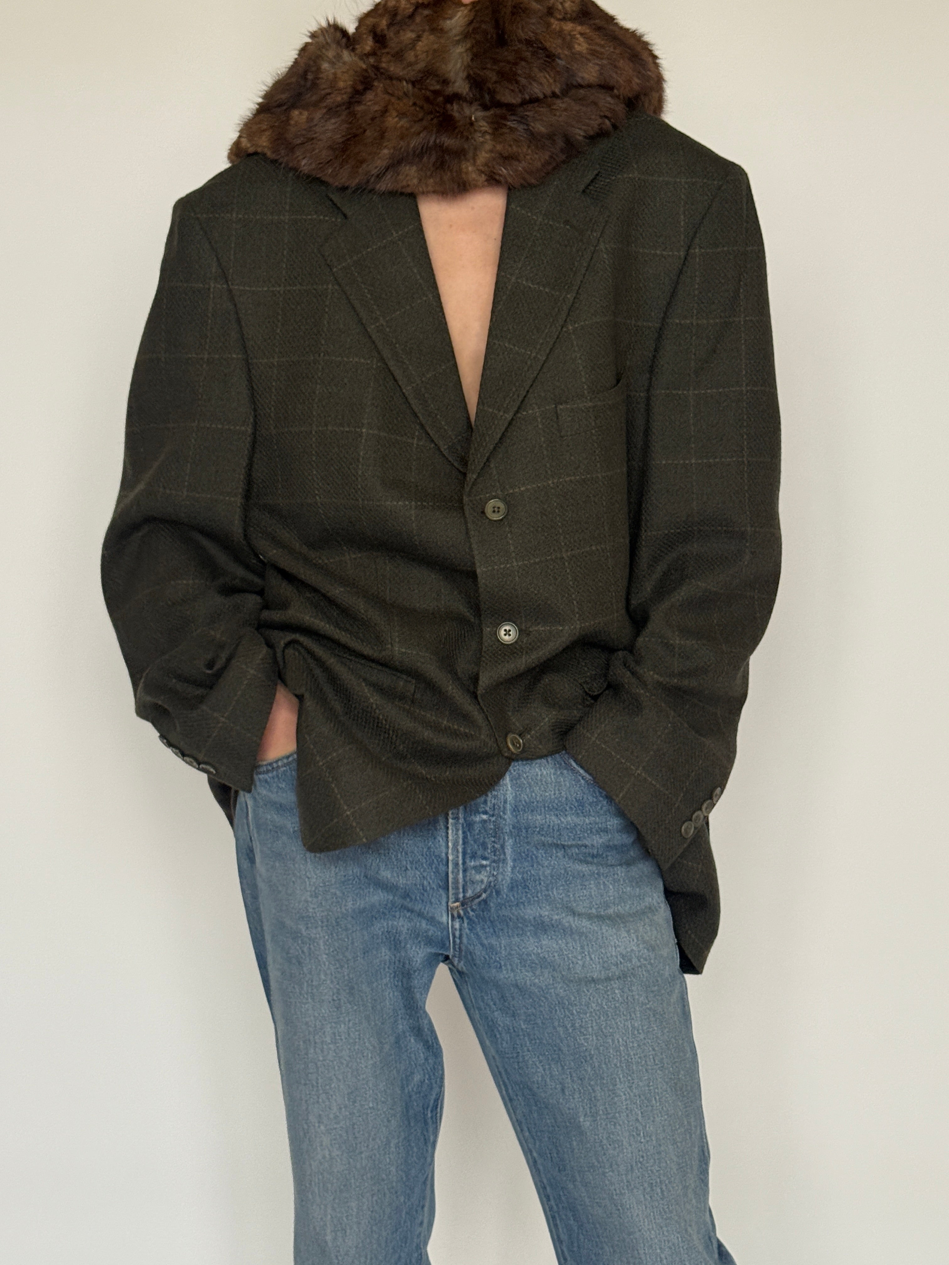 Vintage plaid blazer olive brown button detail