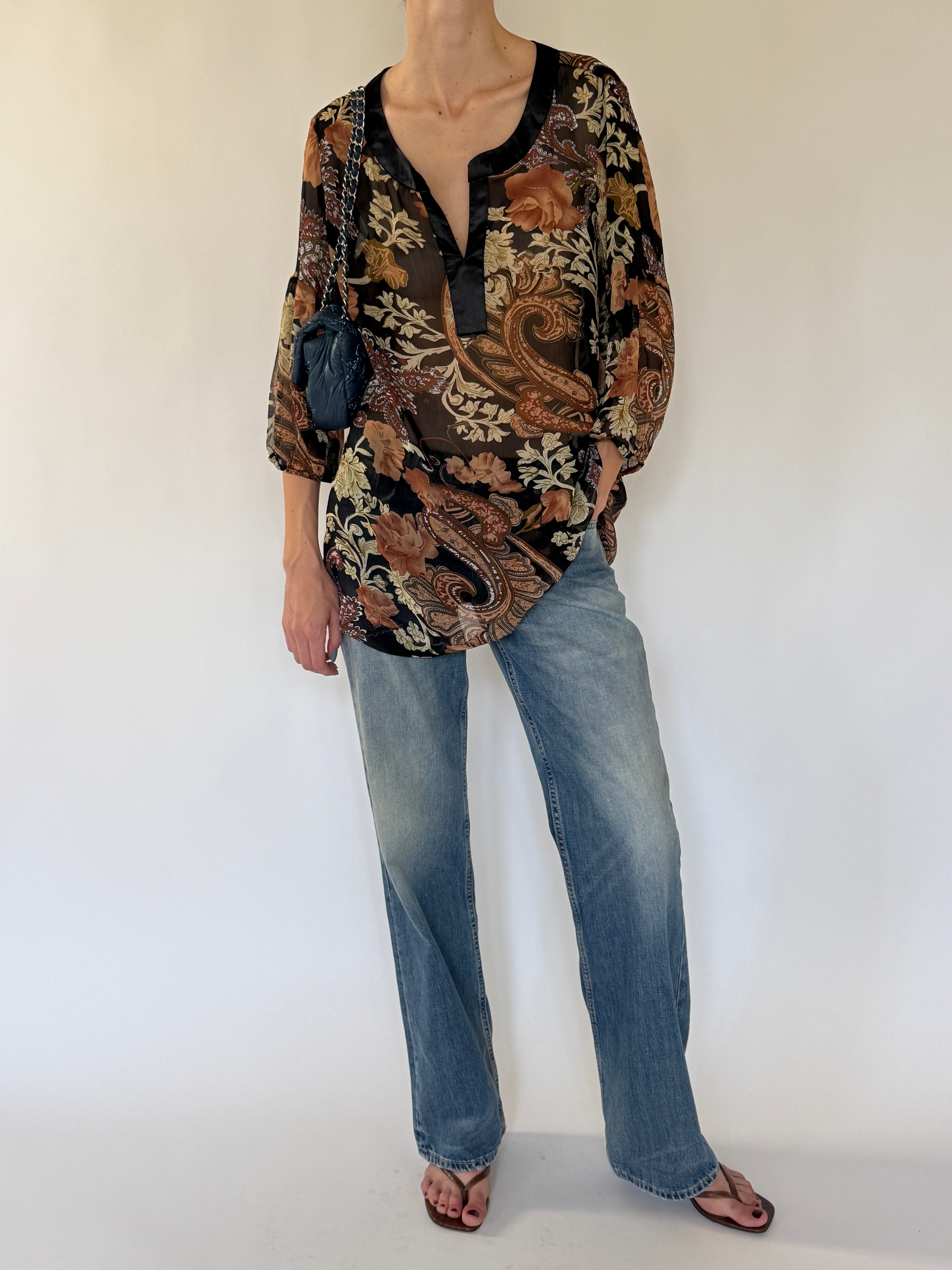 Vintage black floral paisley tunic blouse front view