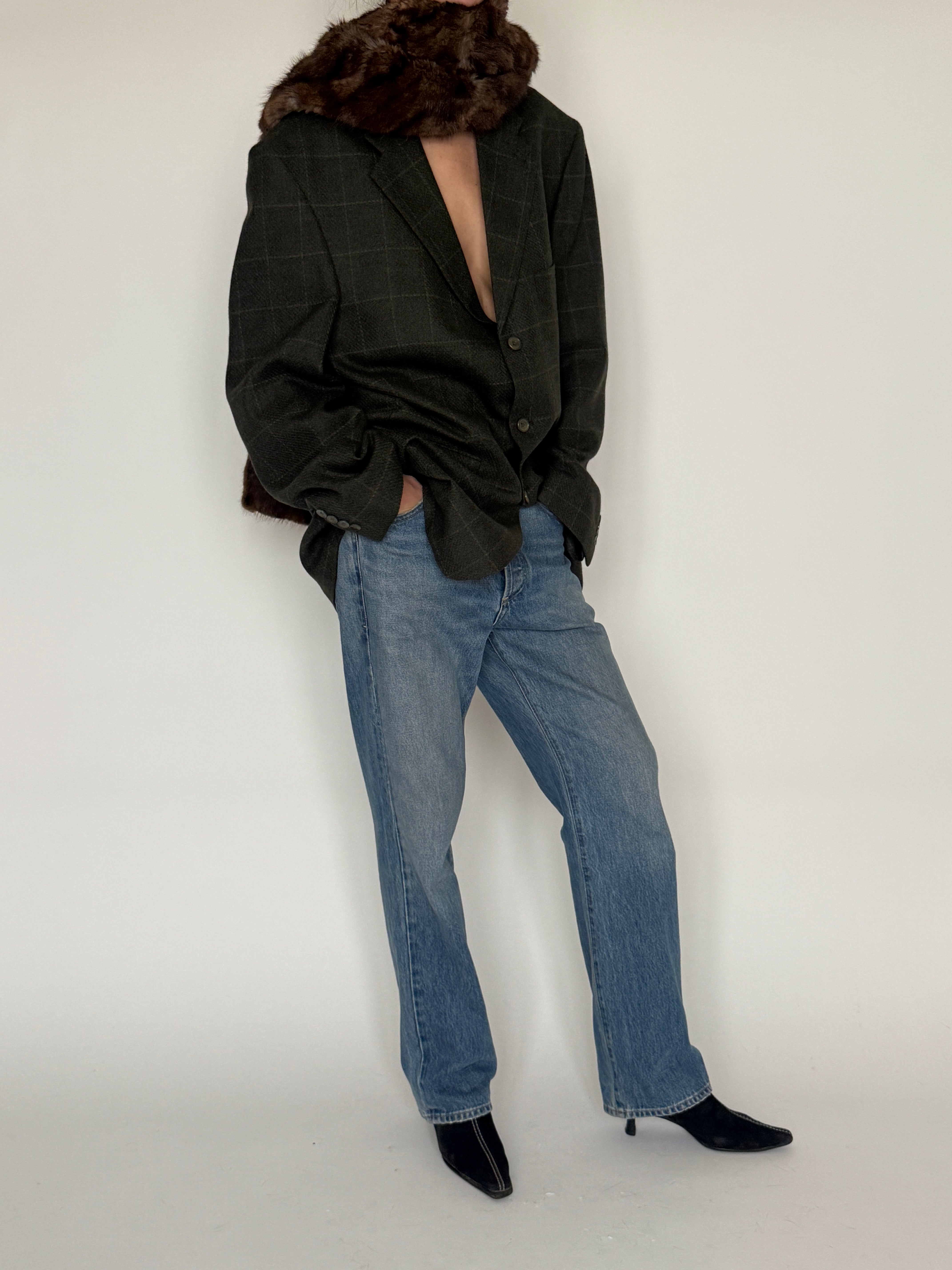 Vintage plaid blazer olive brown side view