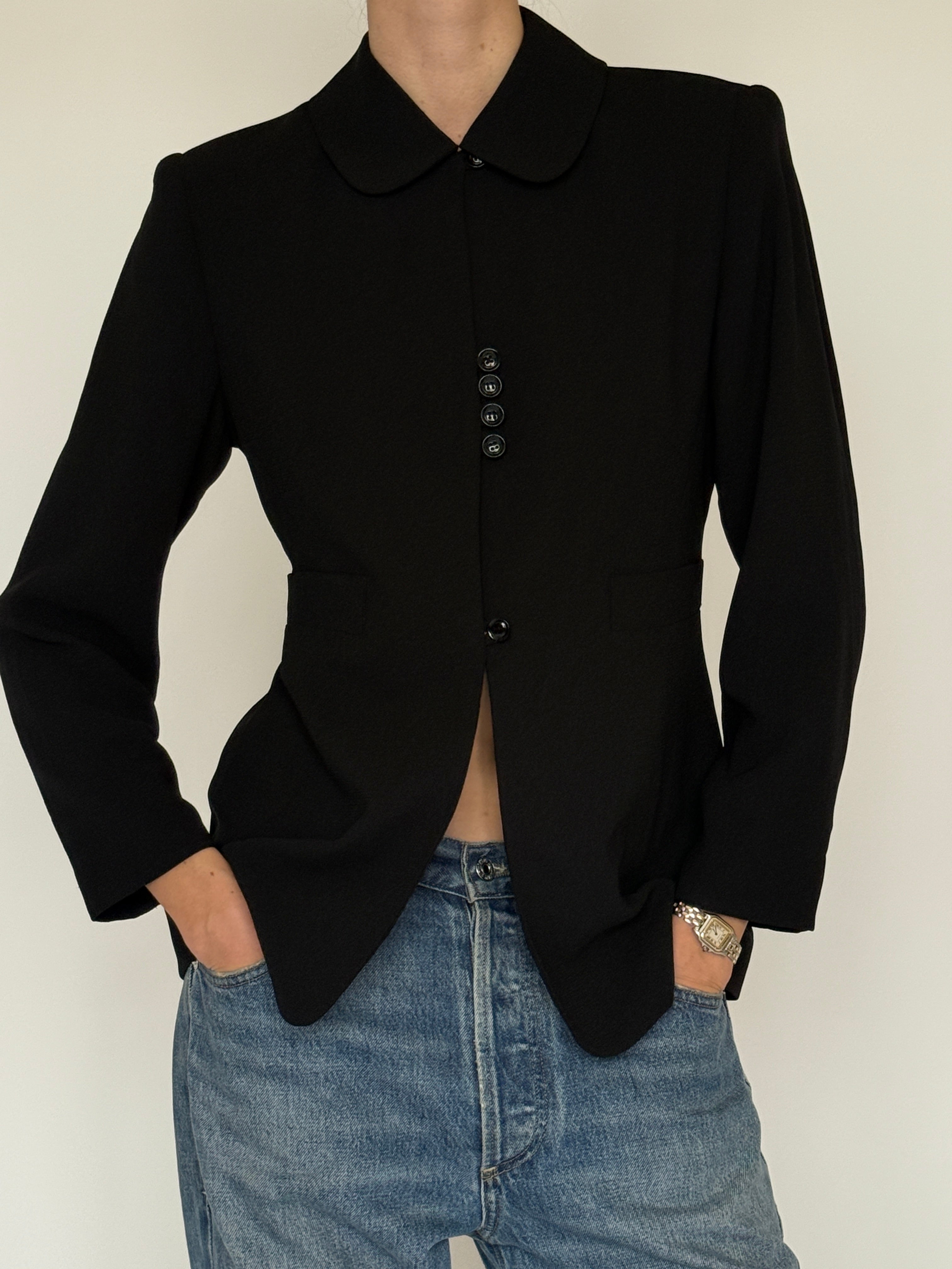 Vintage black structured rounded collar blazer front view