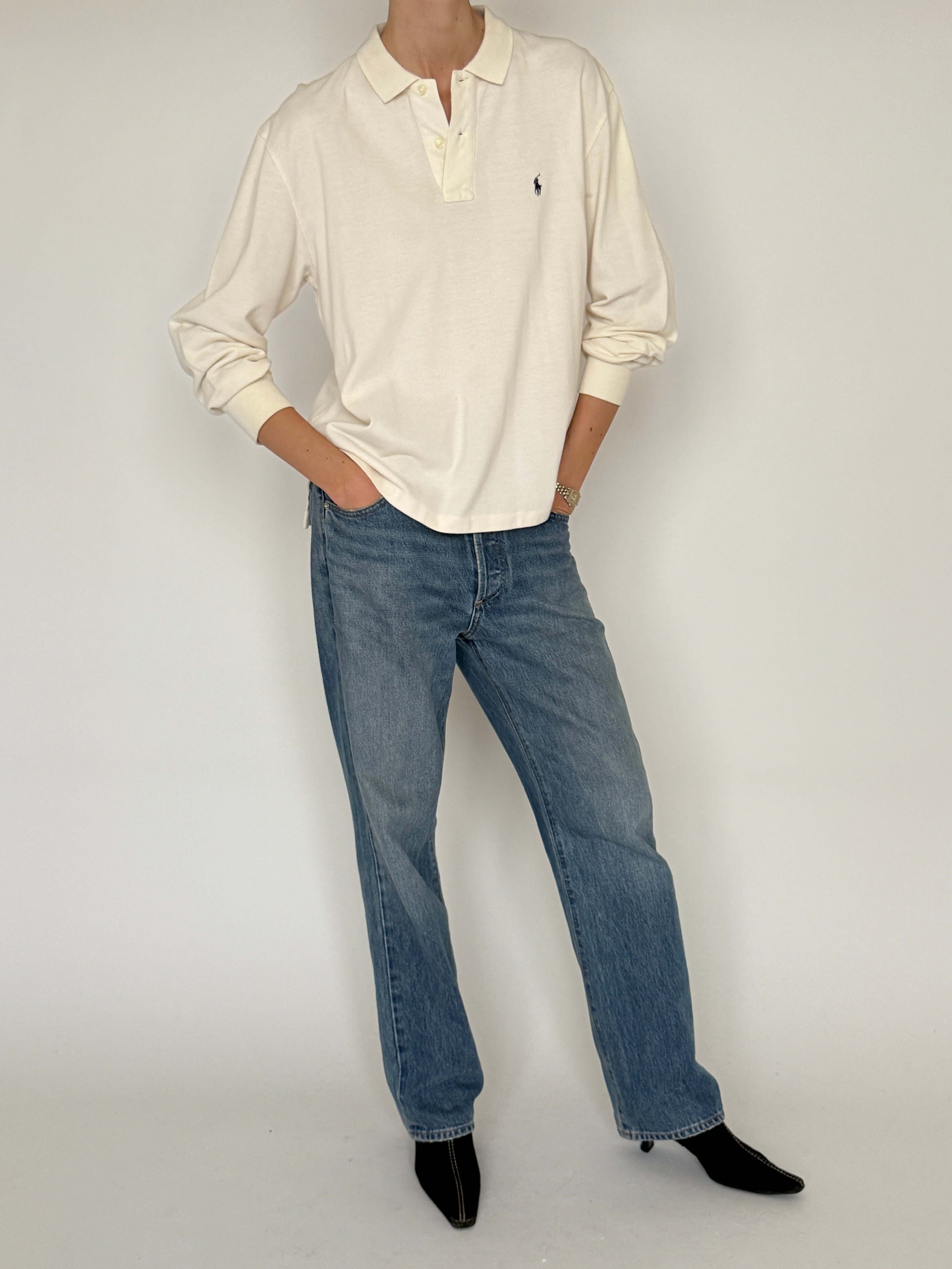 Vintage Ralph Lauren cream long sleeve polo shirt front view