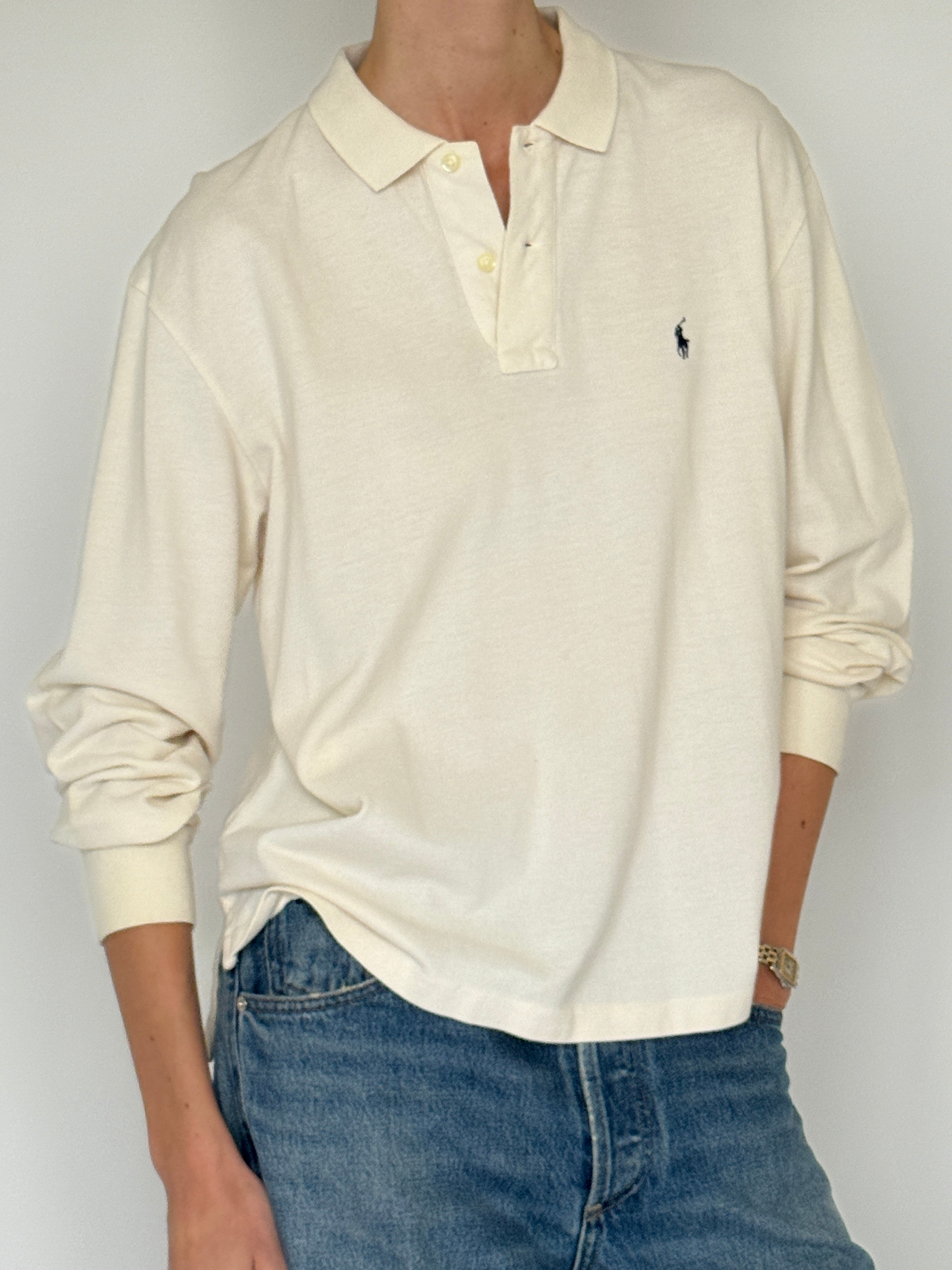 Vintage Ralph Lauren cream cotton pique polo fabric close-up