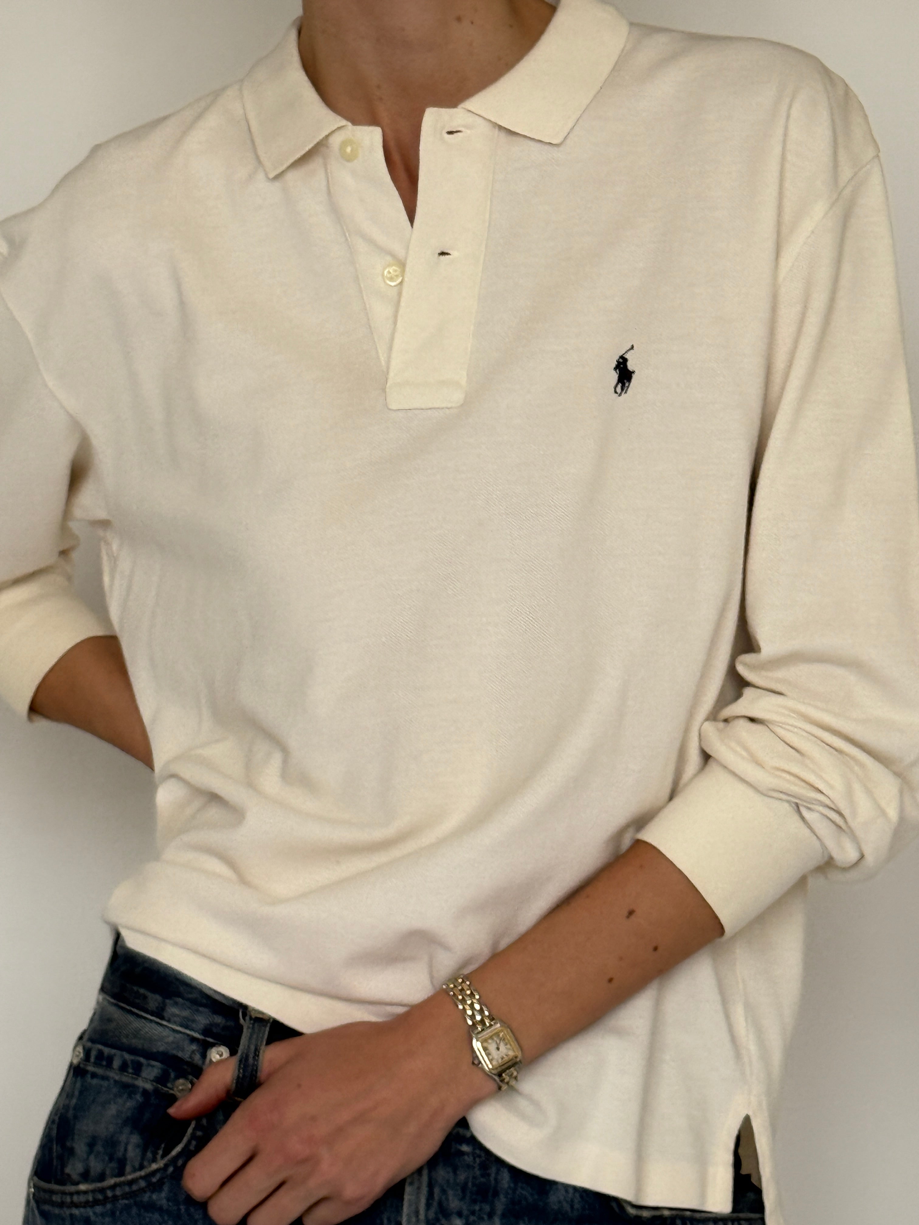 Vintage Ralph Lauren cream long sleeve polo shirt front view