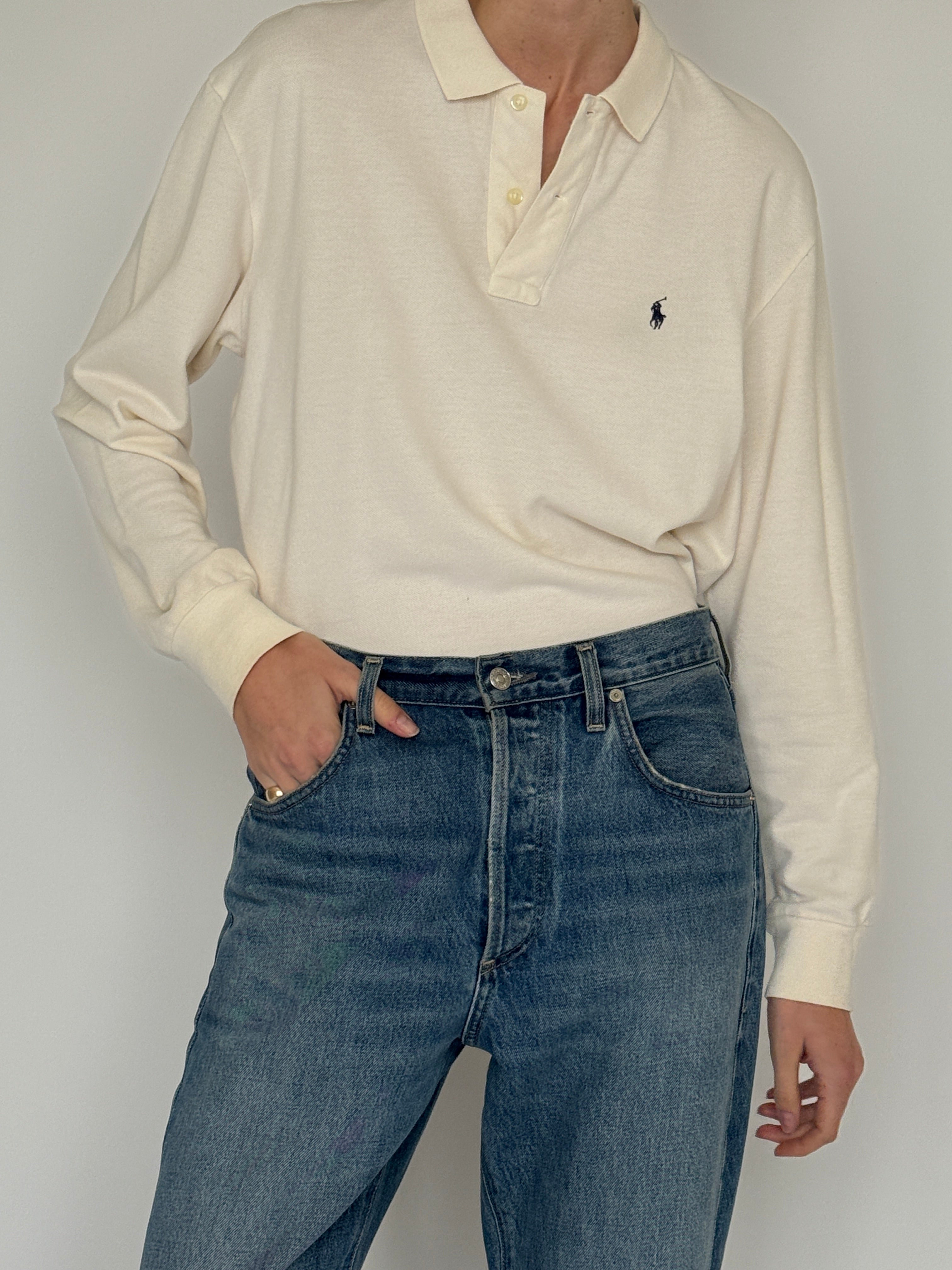 Vintage Ralph Lauren cream long sleeve polo shirt front view