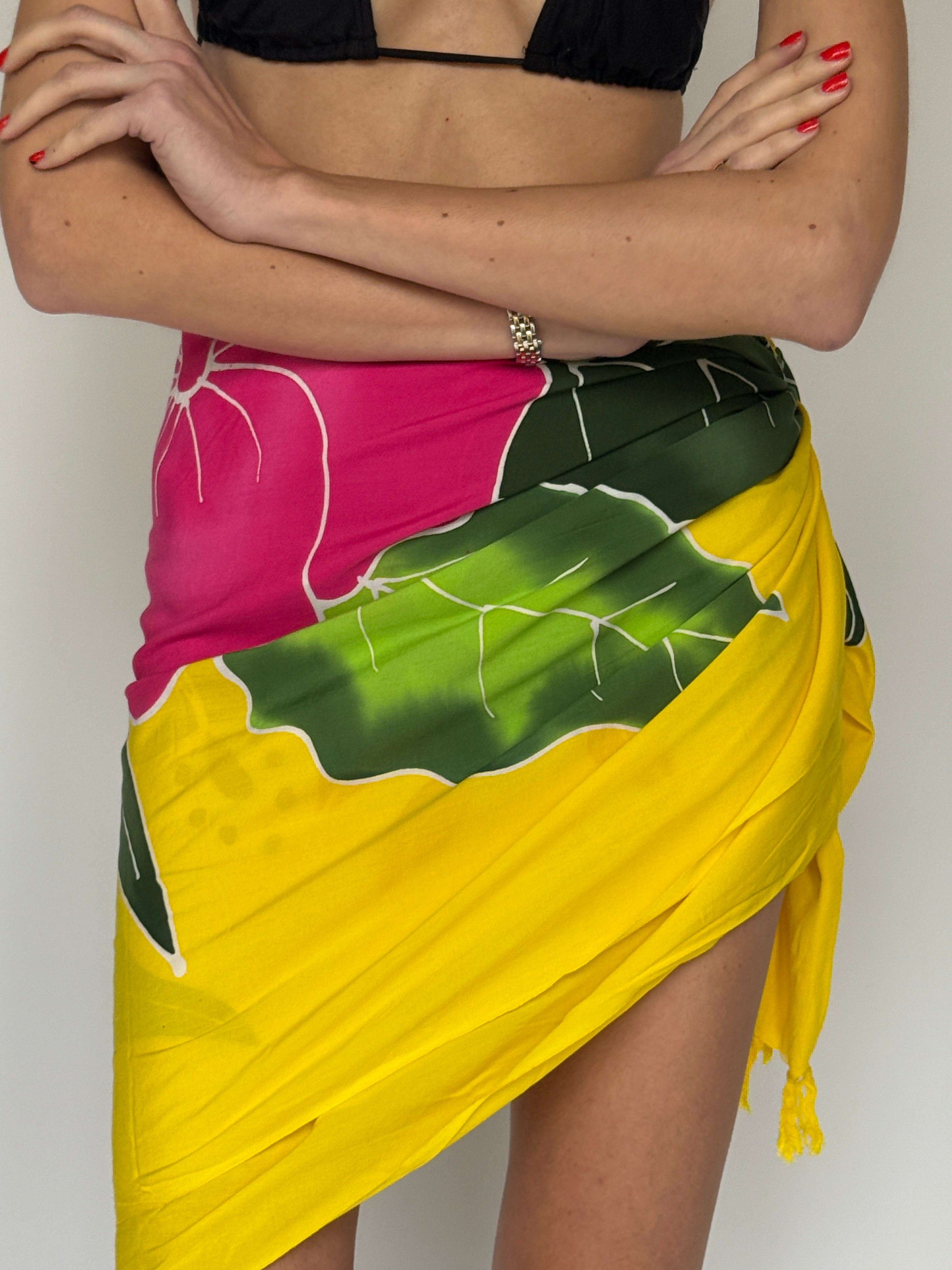 Vintage tropical yellow wrap sarong front view