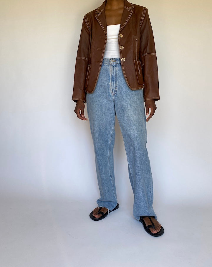 VINTAGE BROWN LEATHER JACKET WITH WHITE DETAILED STITCHING 3699