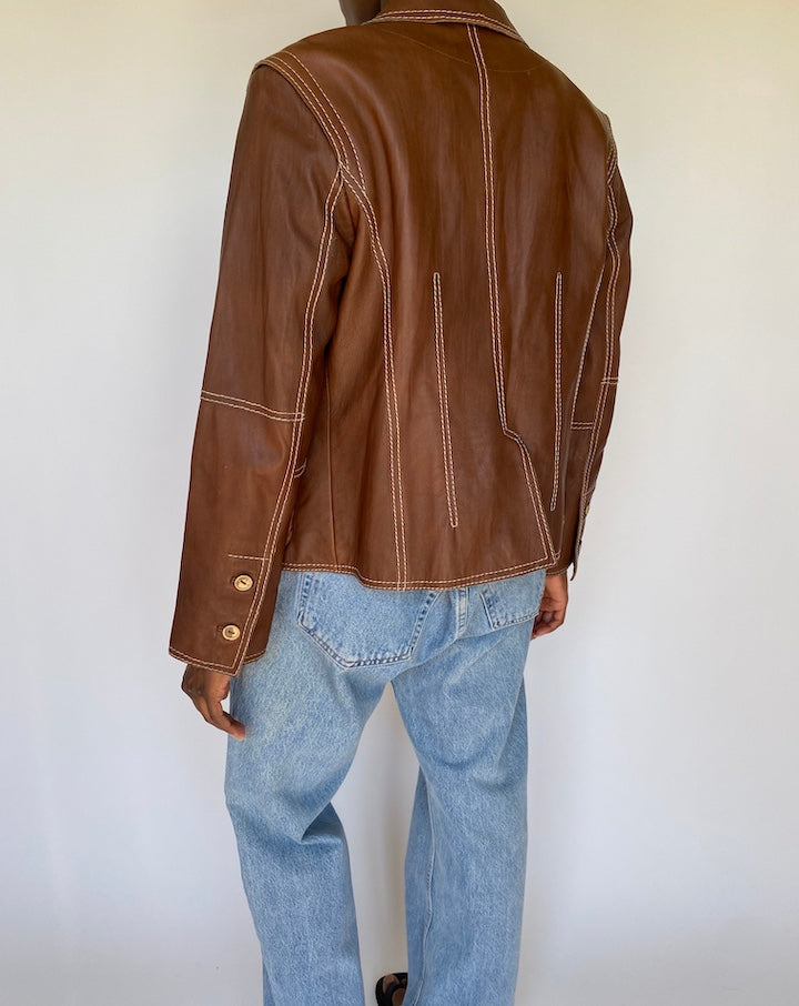 VINTAGE BROWN LEATHER JACKET WITH WHITE DETAILED STITCHING 3699