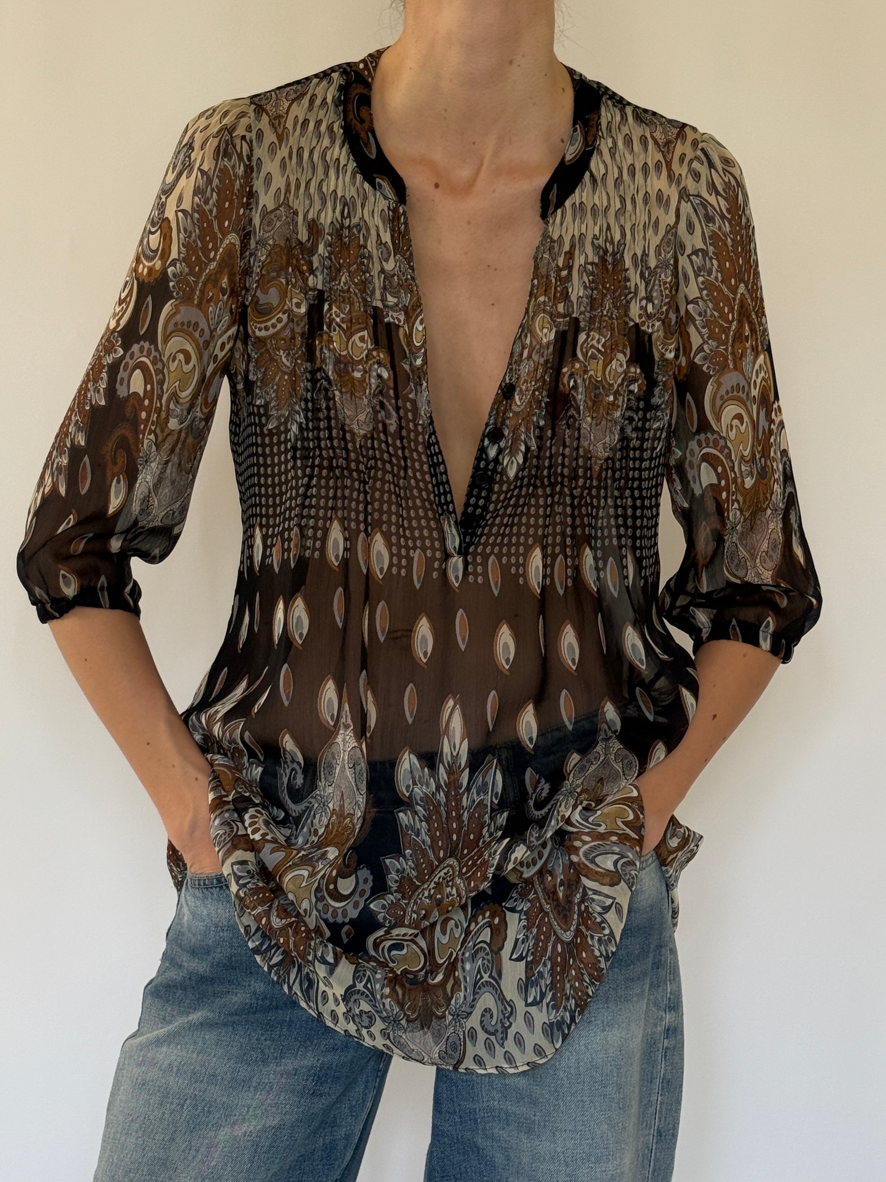 Vintage sheer paisley tunic top front view brown