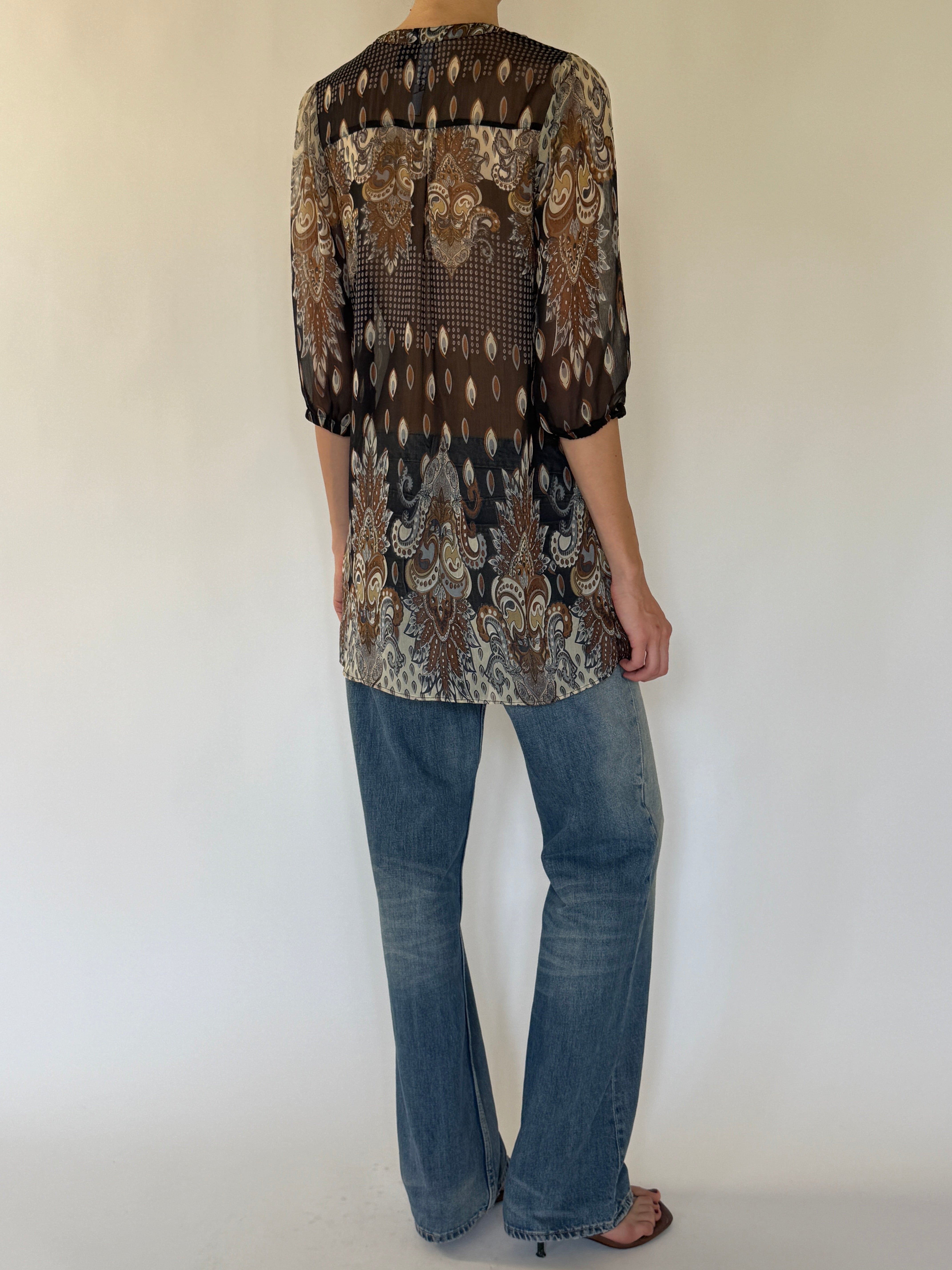 Vintage sheer paisley tunic top back view brown