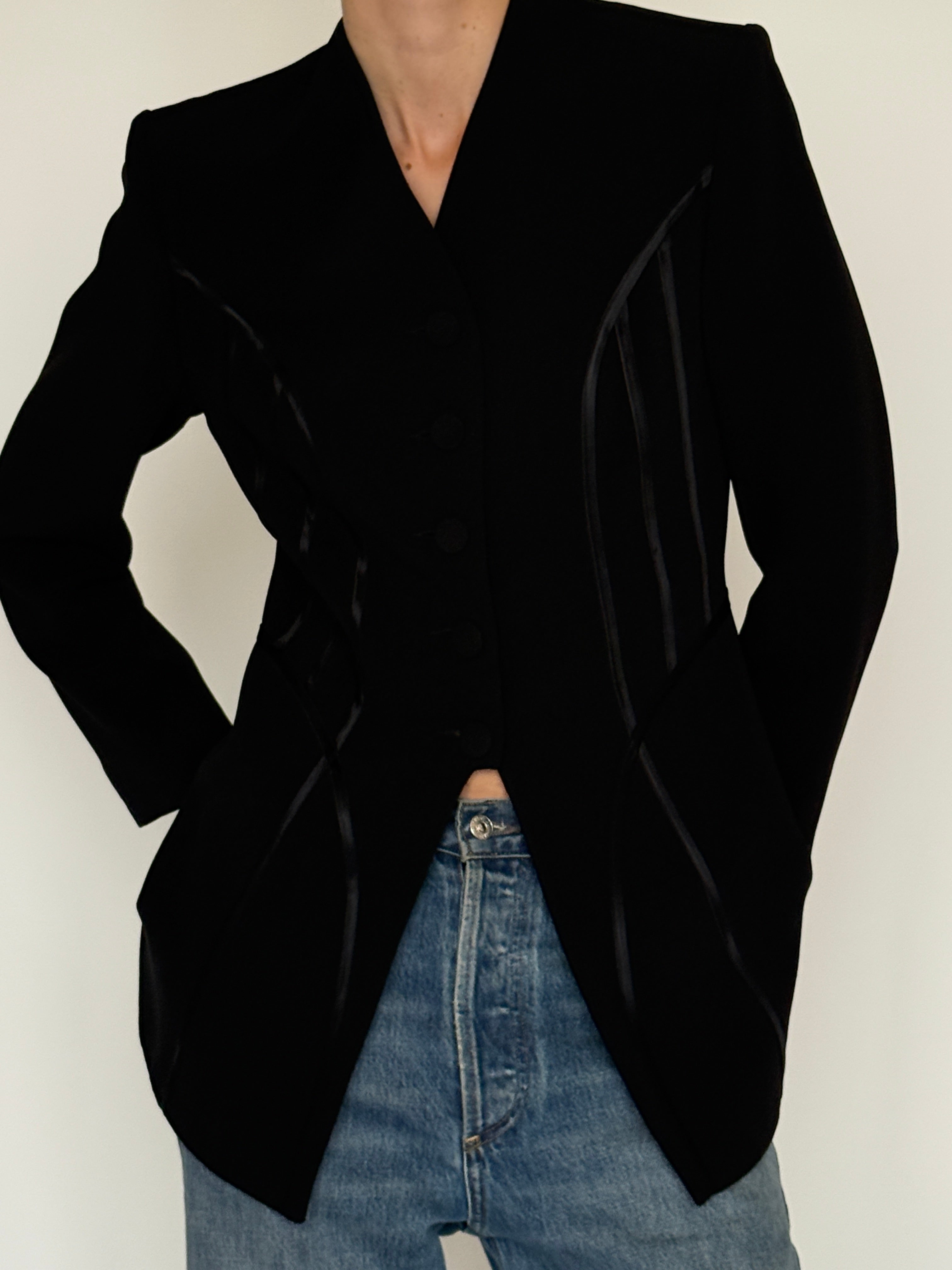 Vintage black blazer made in Paris seam shaping detail