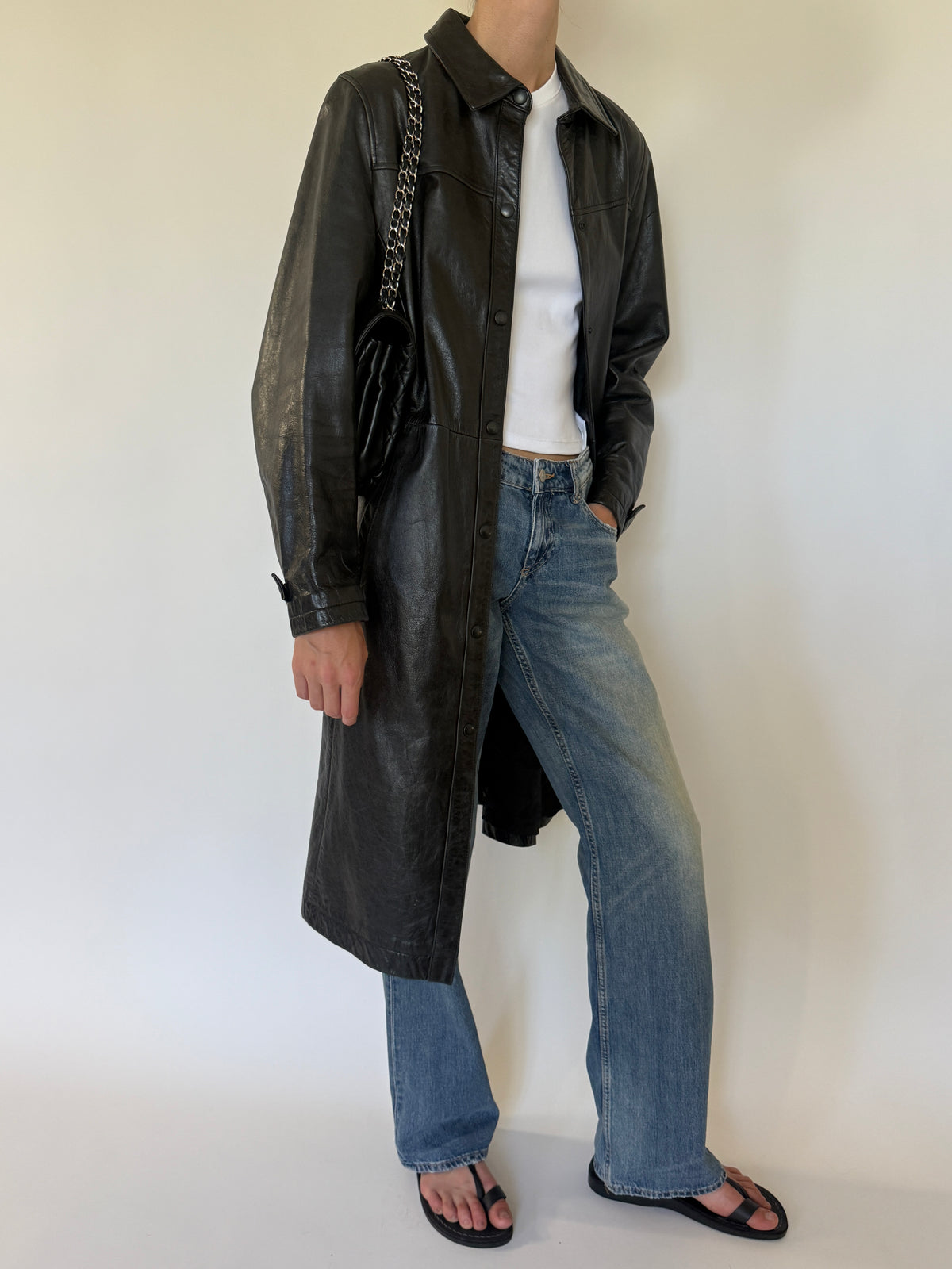 Vintage Leather Long Coat Black 7679