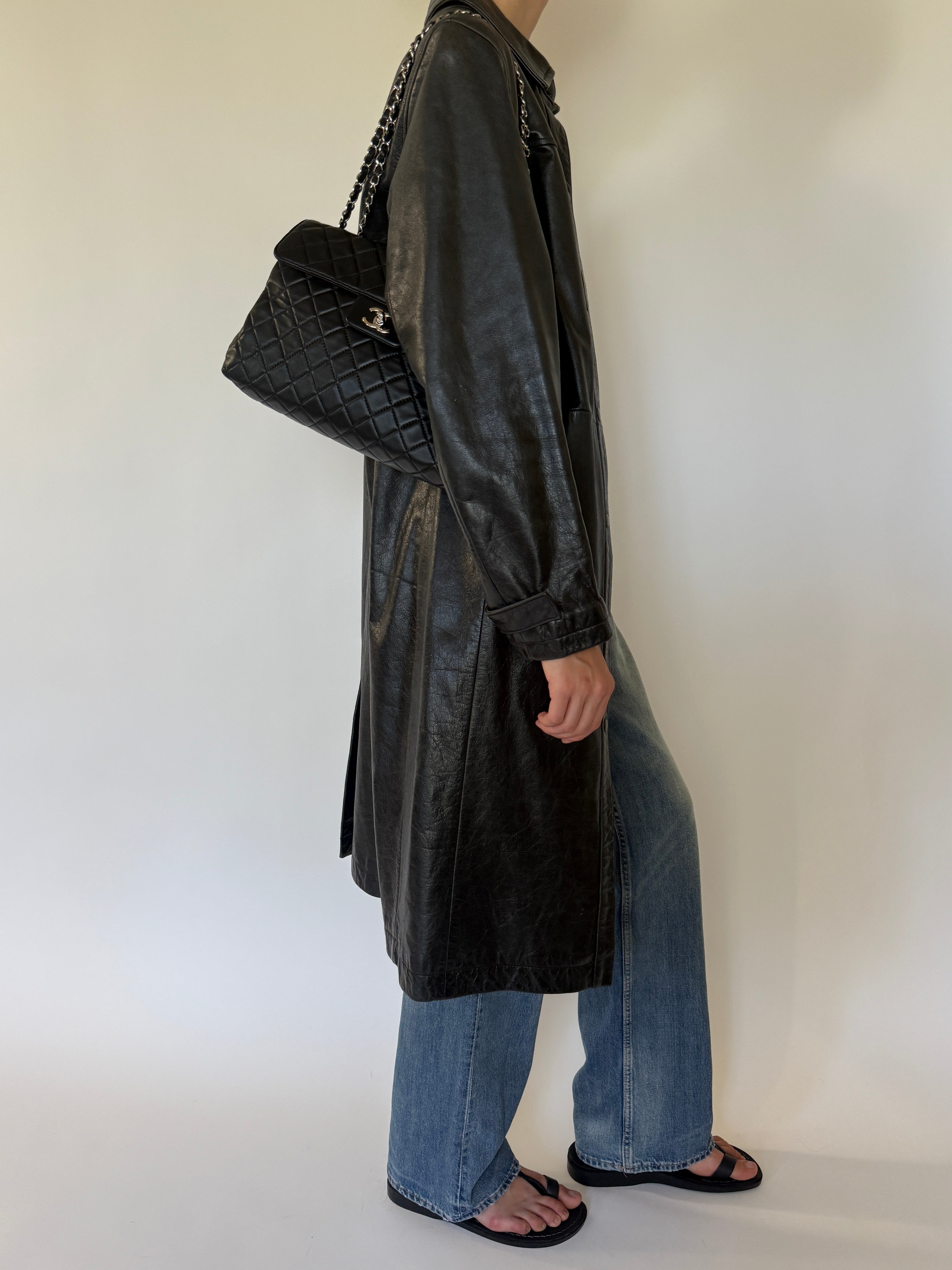 Vintage Leather Long Coat Black 7679