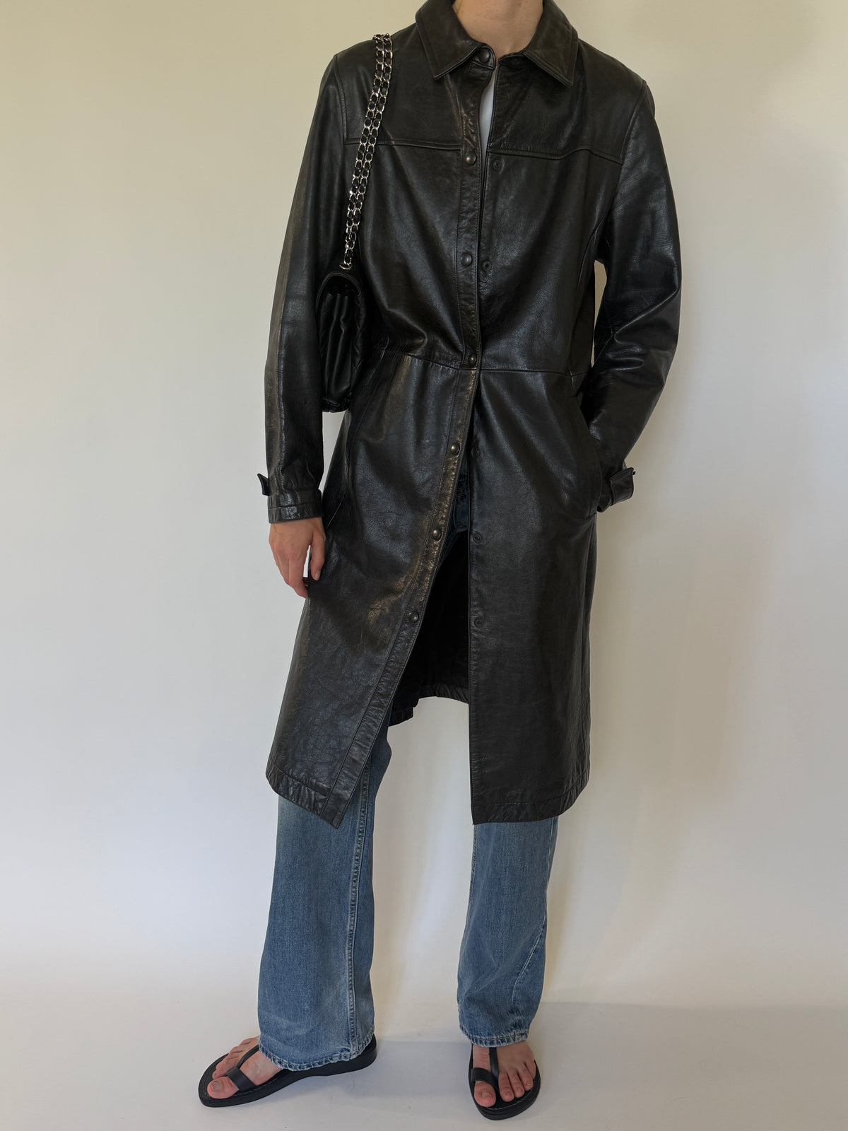 Vintage Leather Long Coat Black 7679