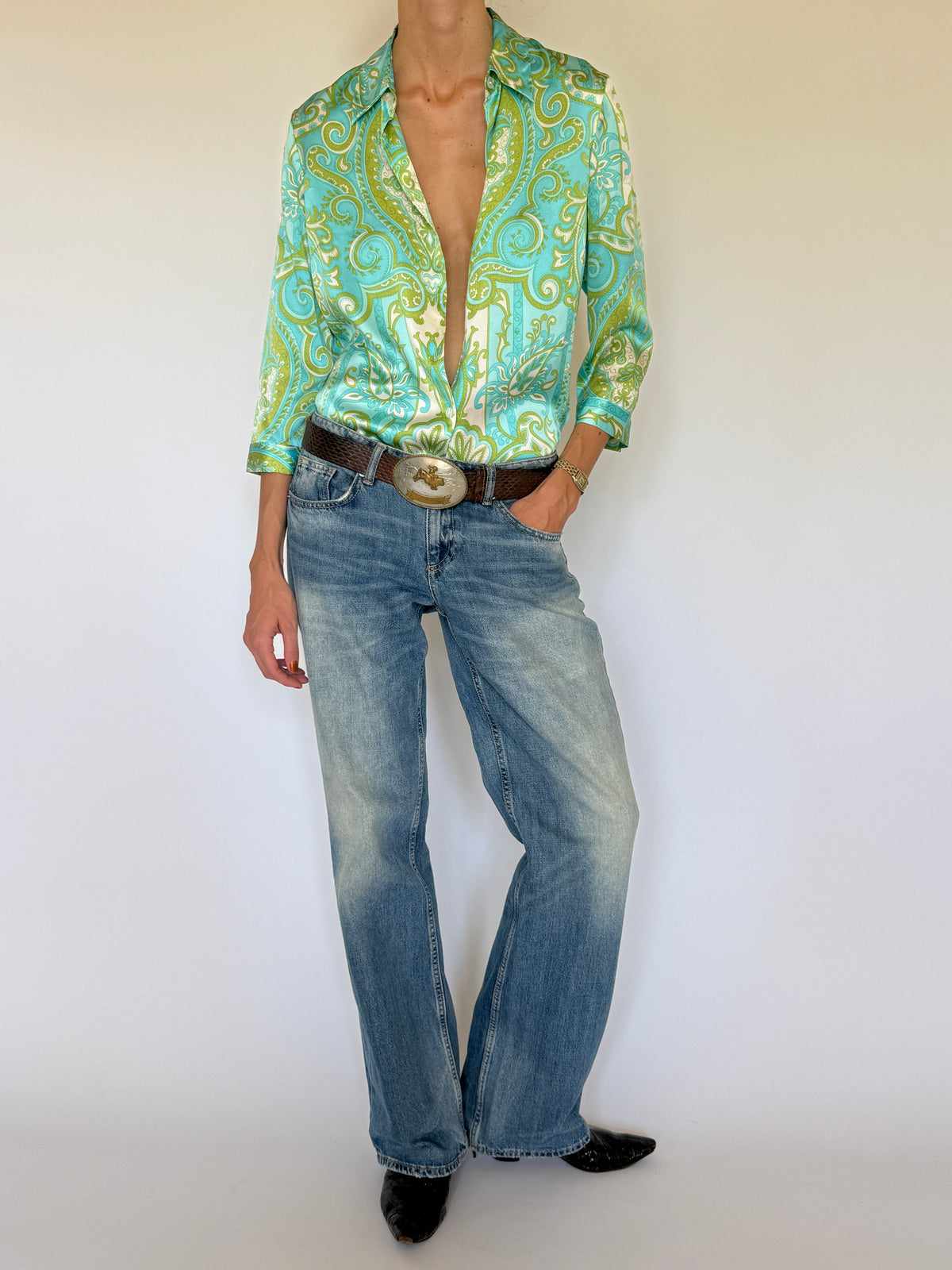 Vintage Silk Paisley Shirt Aqua Green 7930