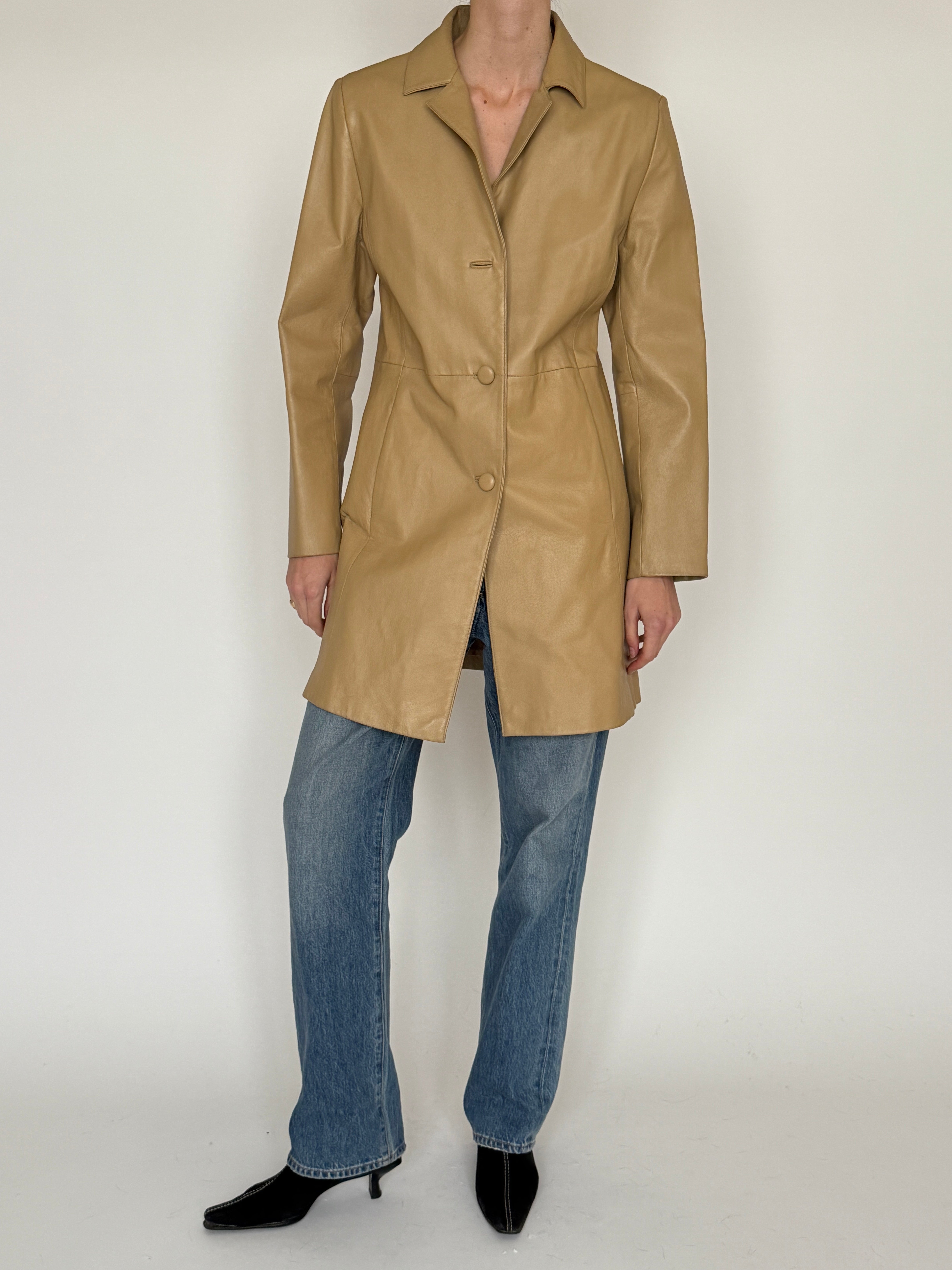 Vintage camel leather tailored coat front view