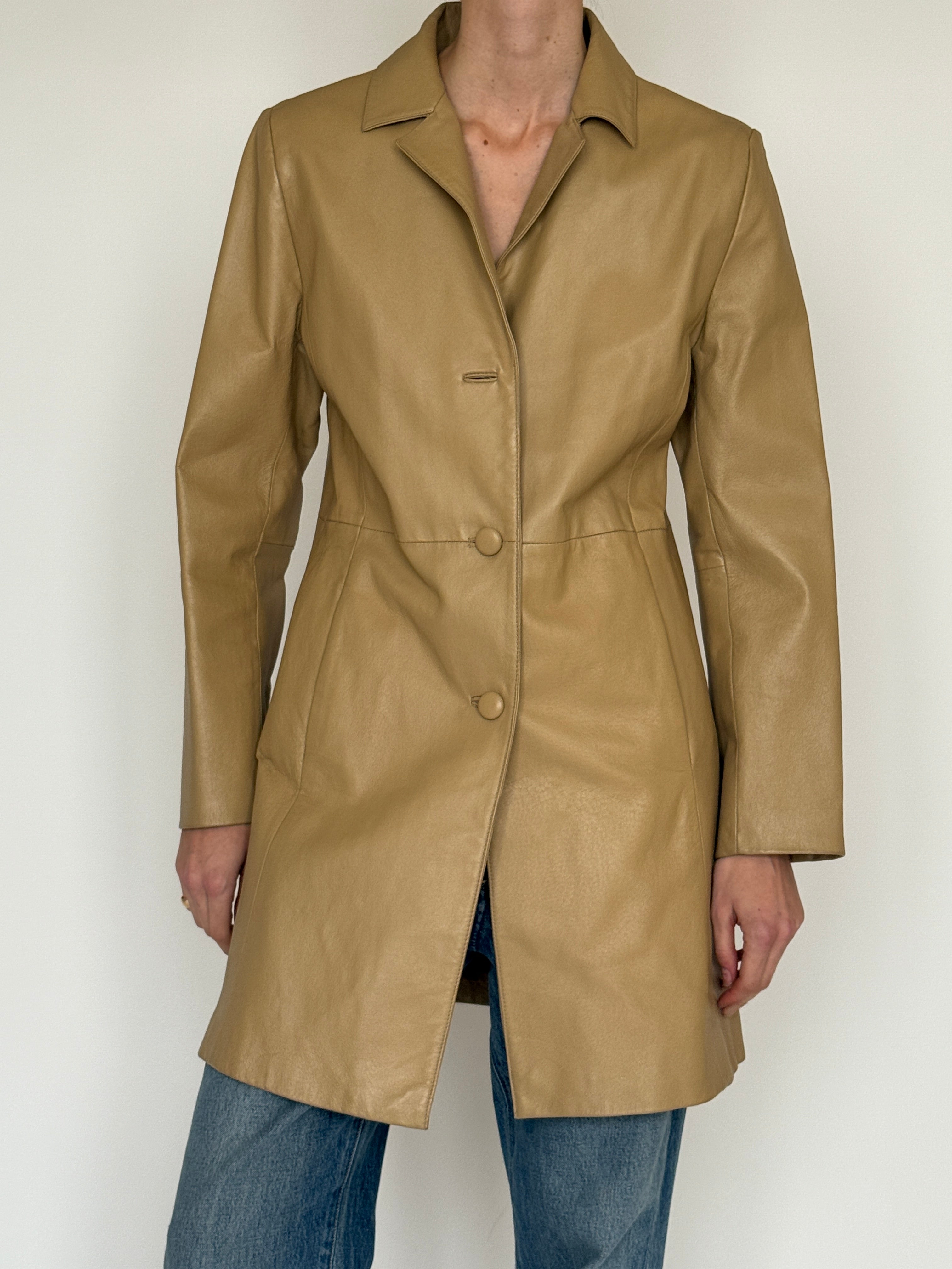 Vintage camel leather coat fabric close-up