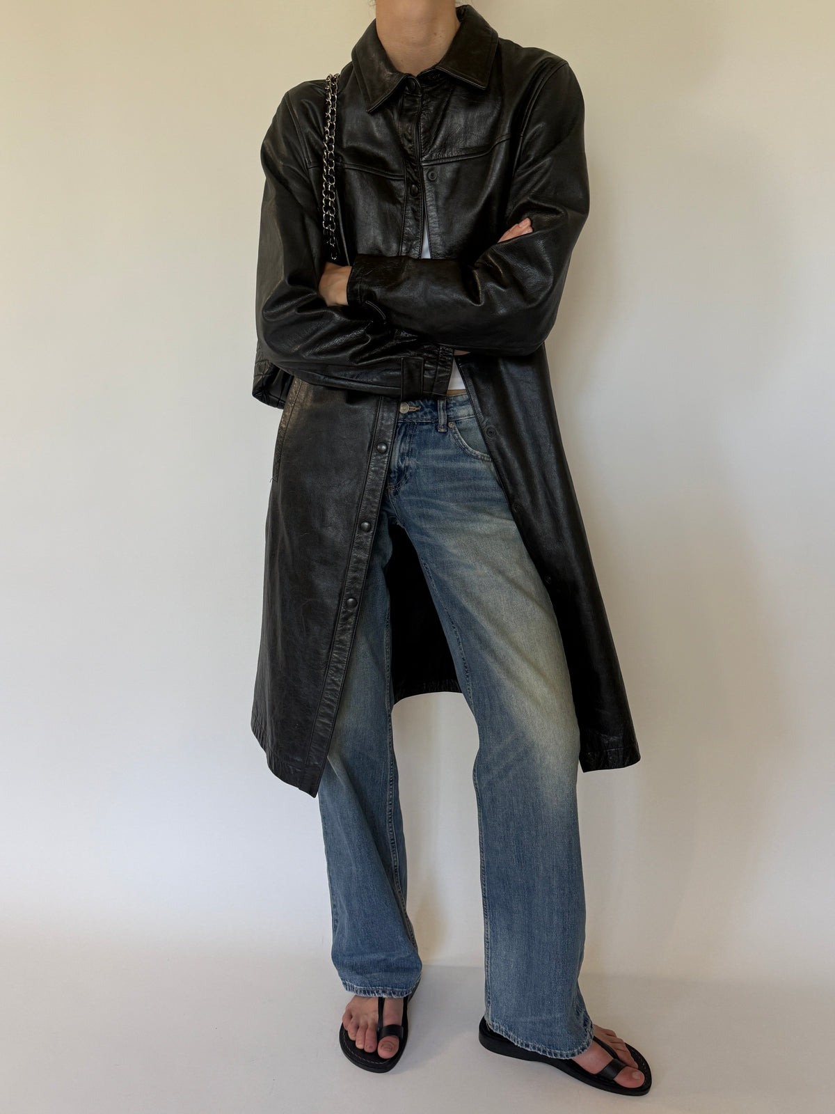 Vintage Leather Long Coat Black 7679
