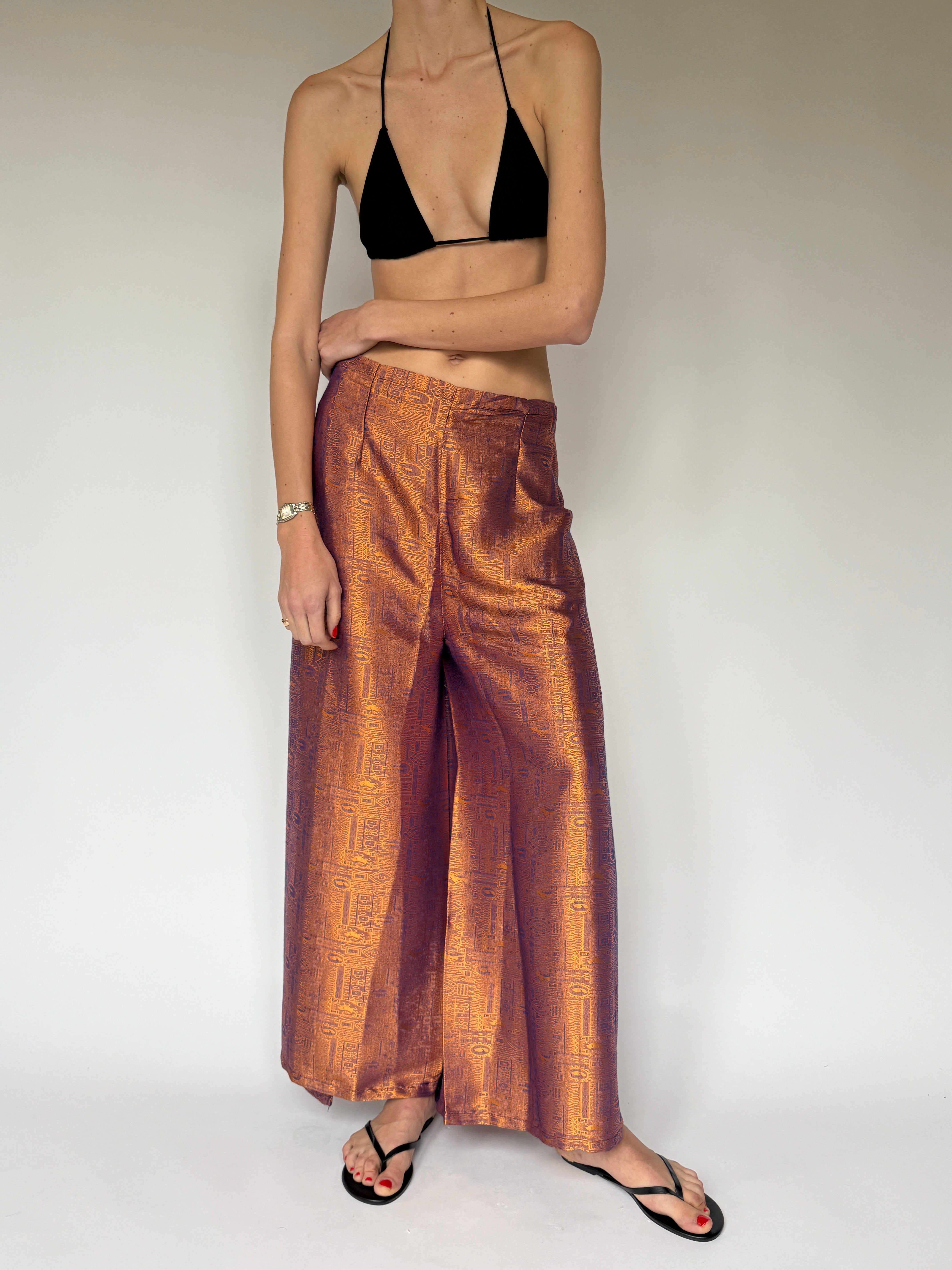 Vintage statement wide leg pants with metallic sheen styled
