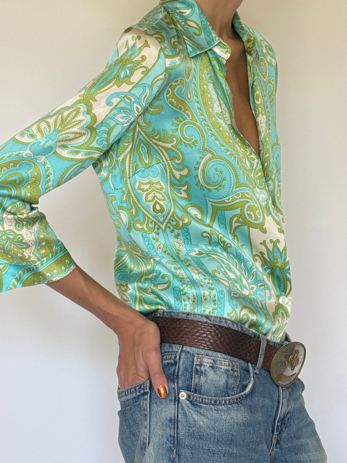 Vintage Silk Paisley Shirt Aqua Green 7930