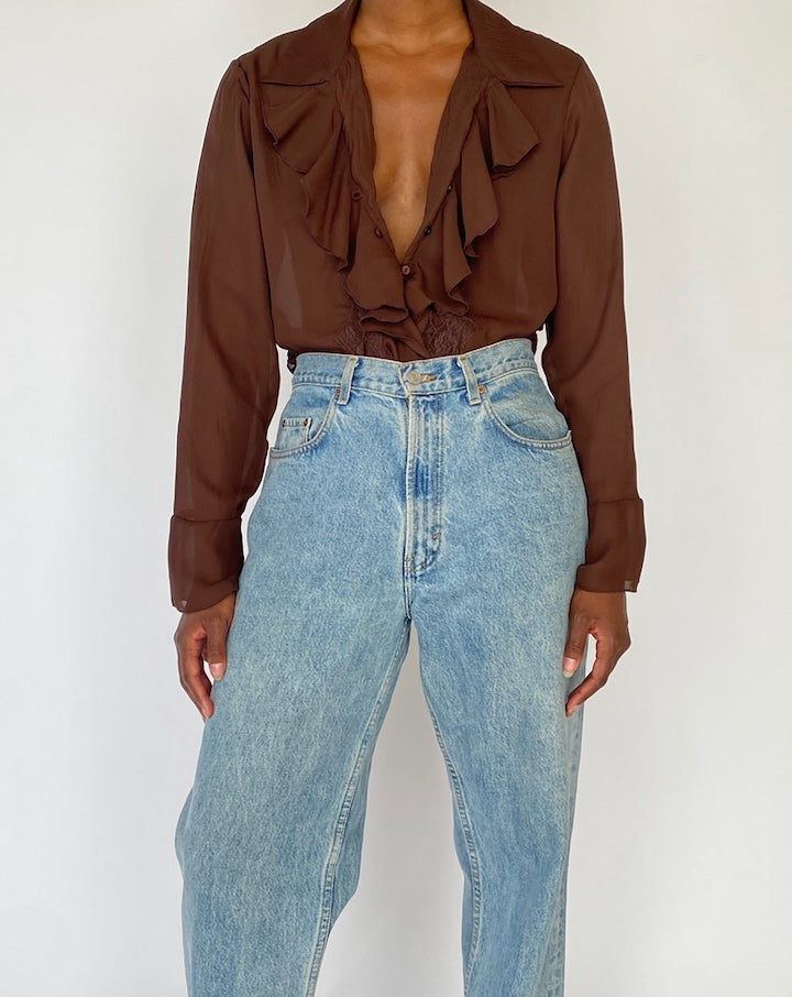 VINTAGE BROWN RUFFLED BLOUSE 4235