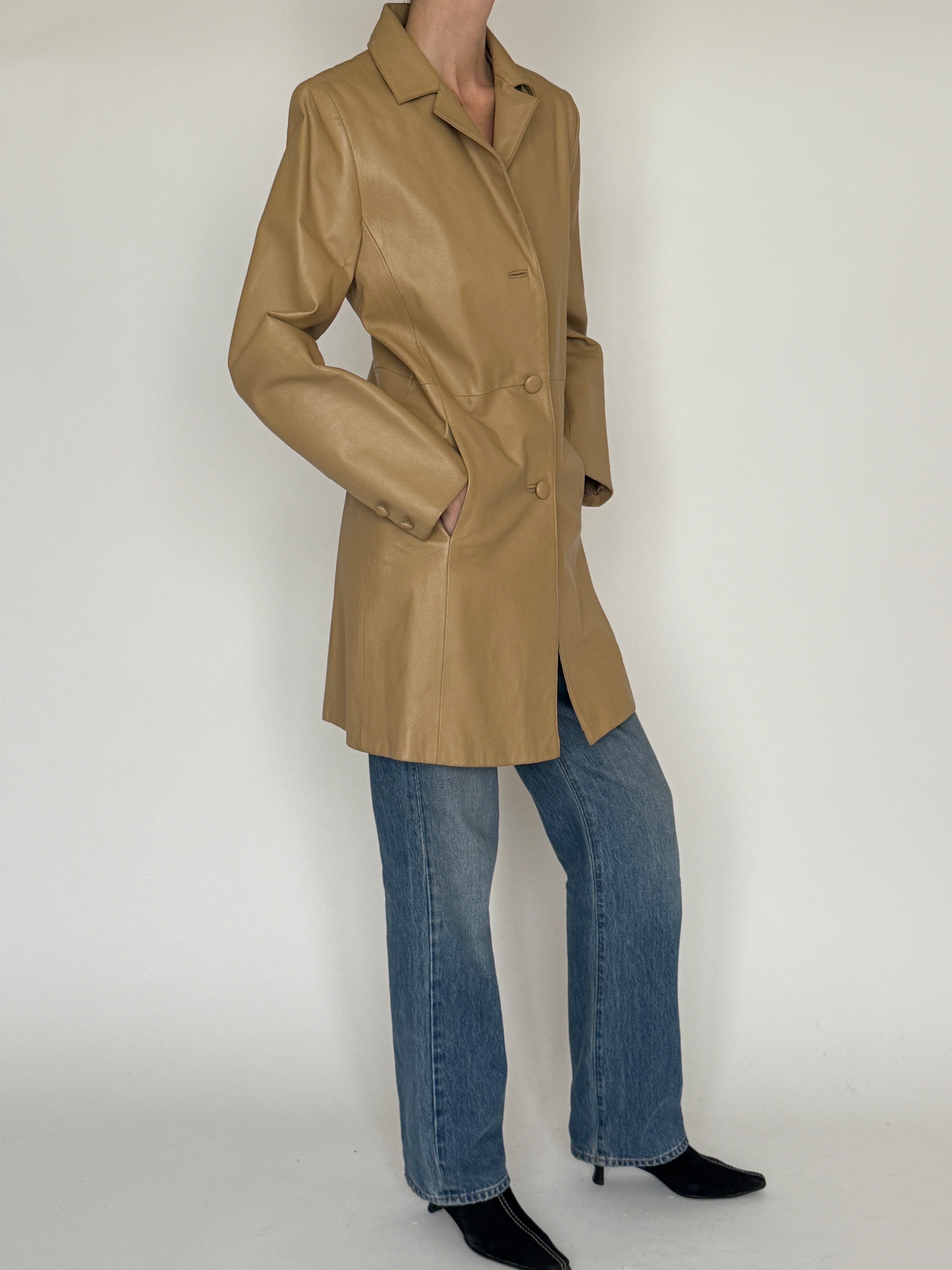 Vintage camel leather coat side view