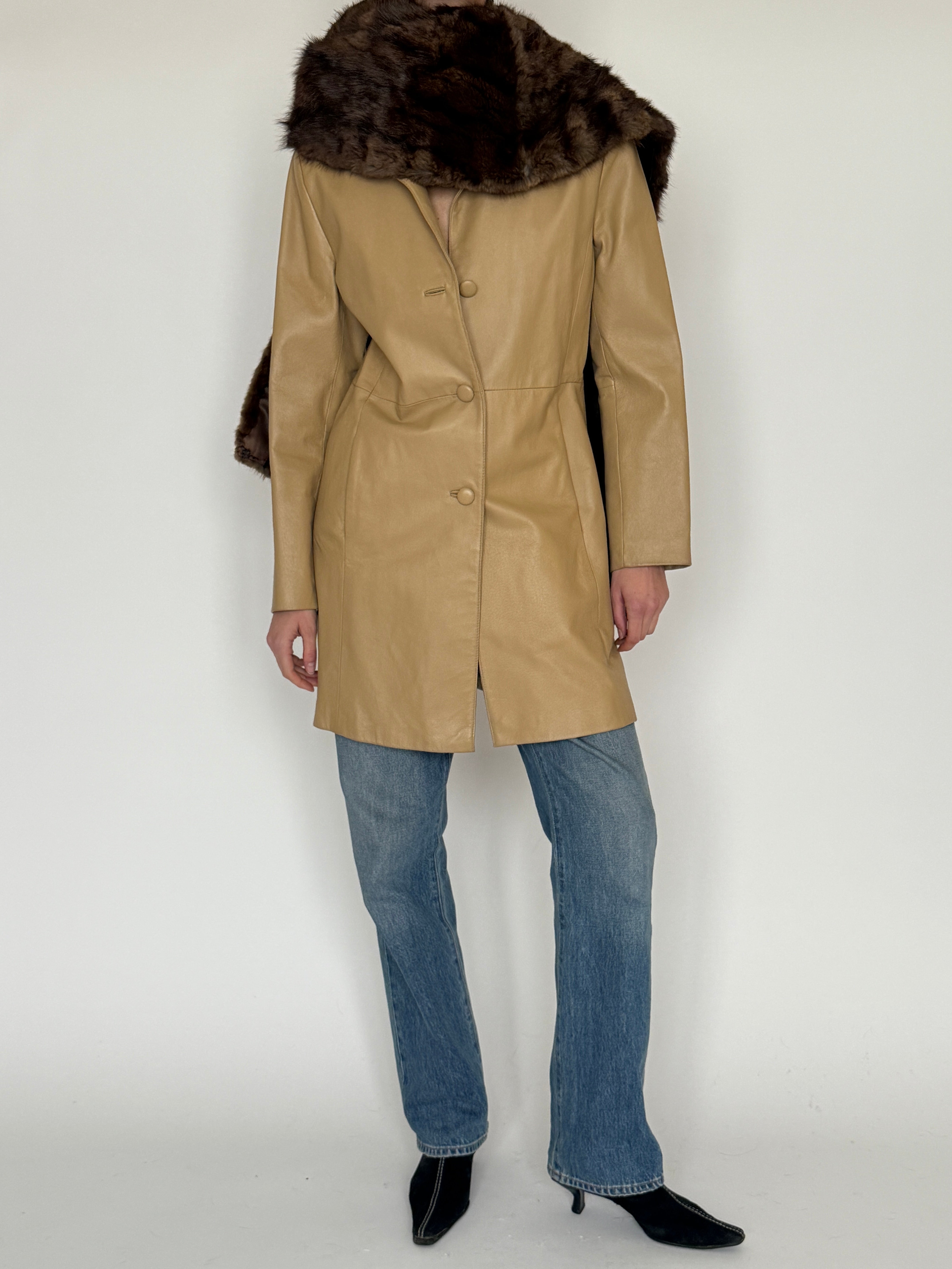 Vintage camel leather tailored coat front view