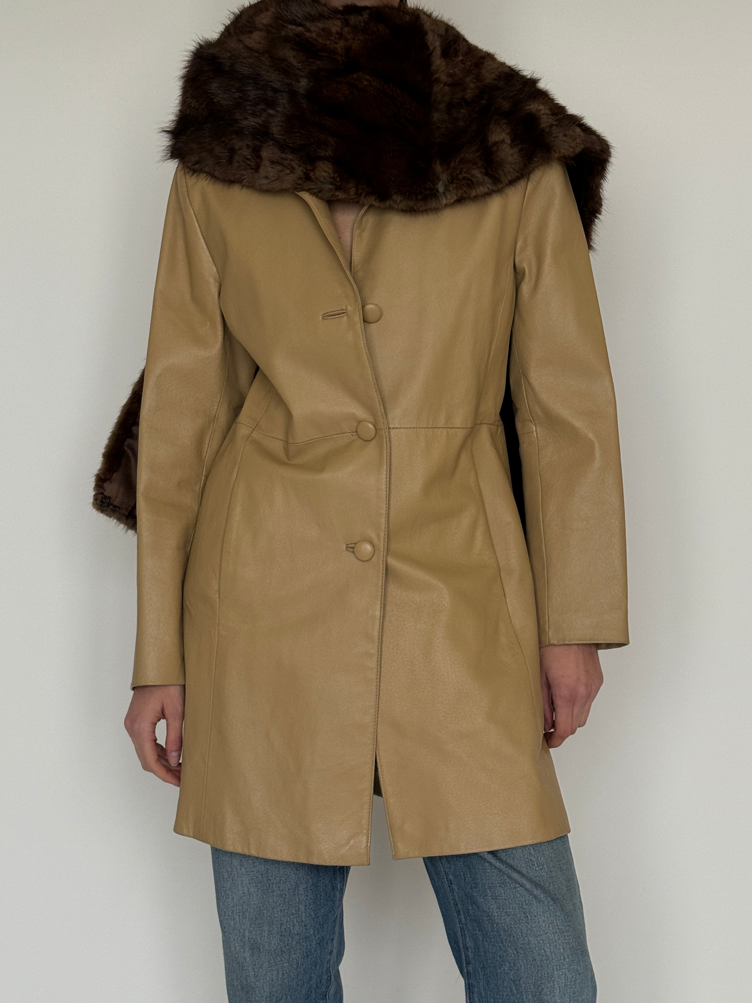 Vintage camel leather tailored coat front view