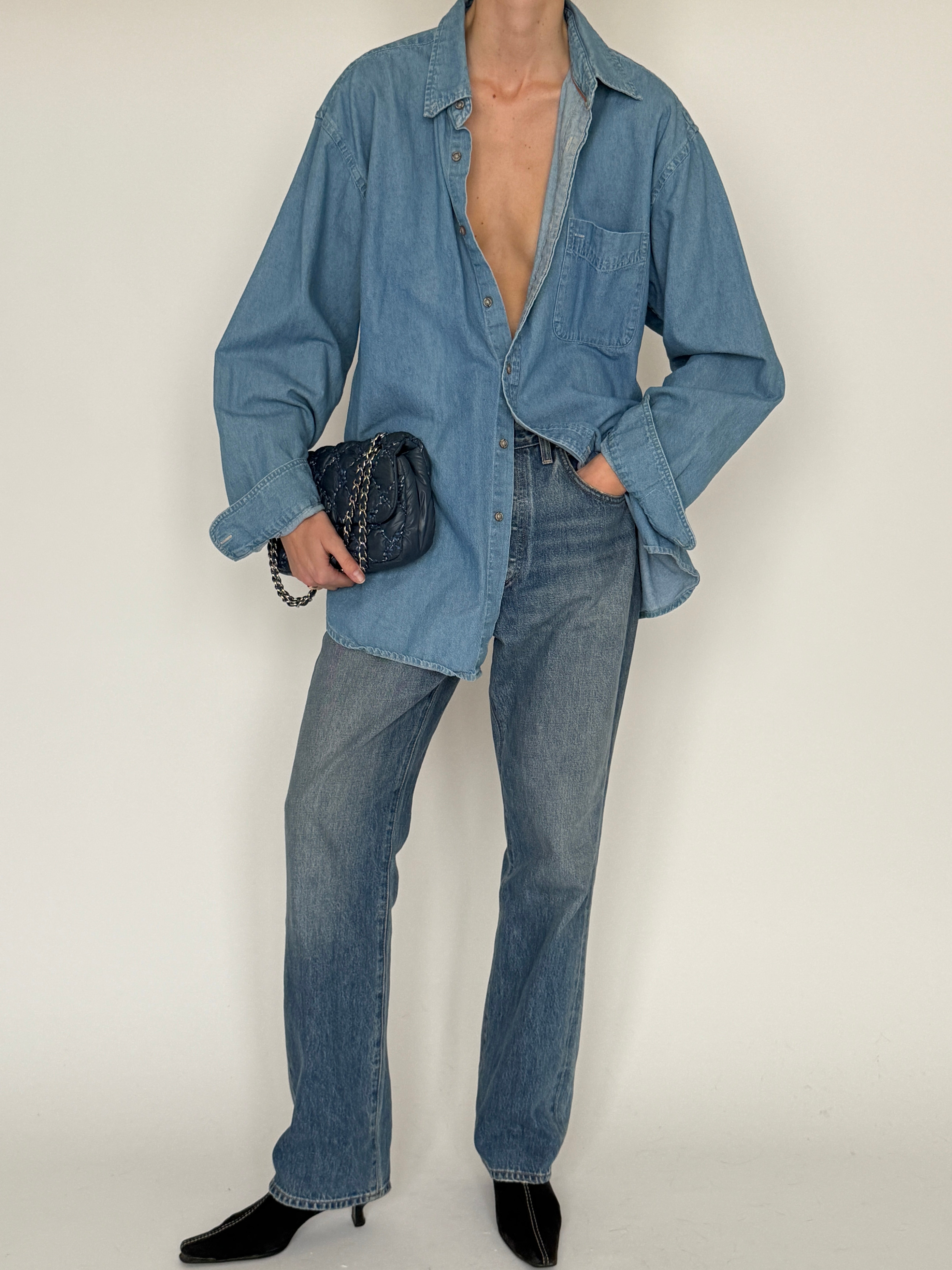 Vintage blue oversized denim shirt front view