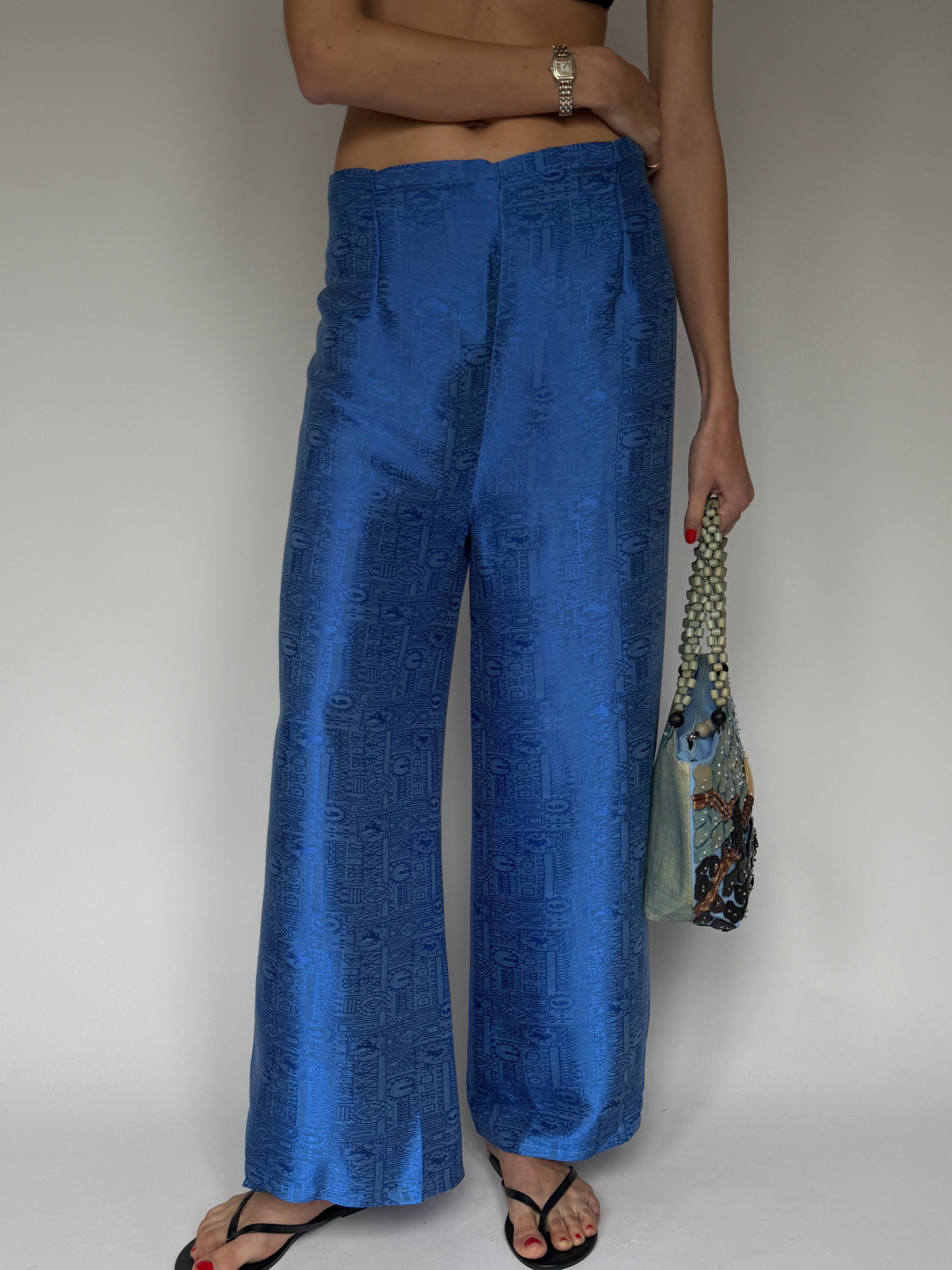 Vintage statement jacquard wide-leg pants with fluid drape blue