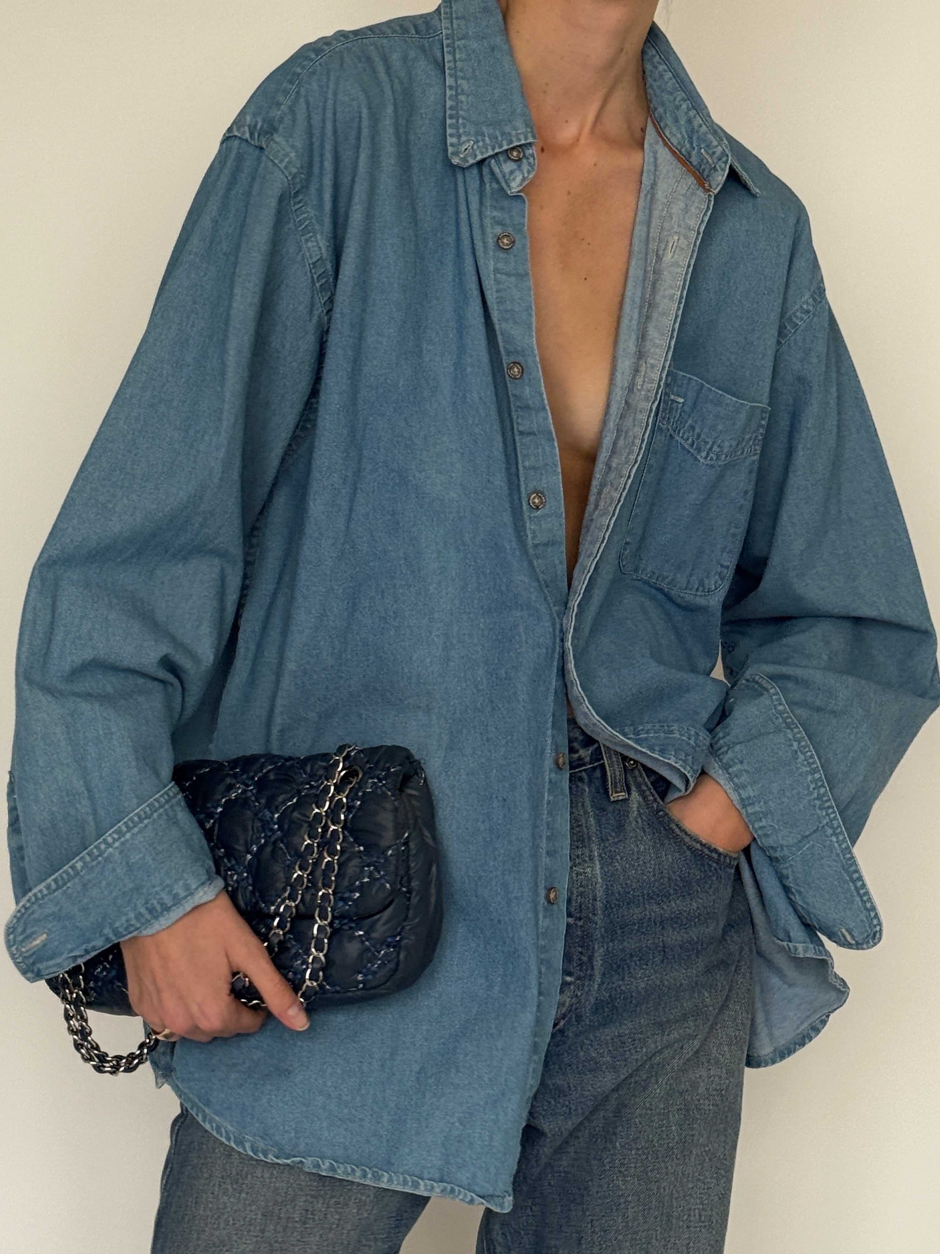Vintage blue oversized denim shirt front view